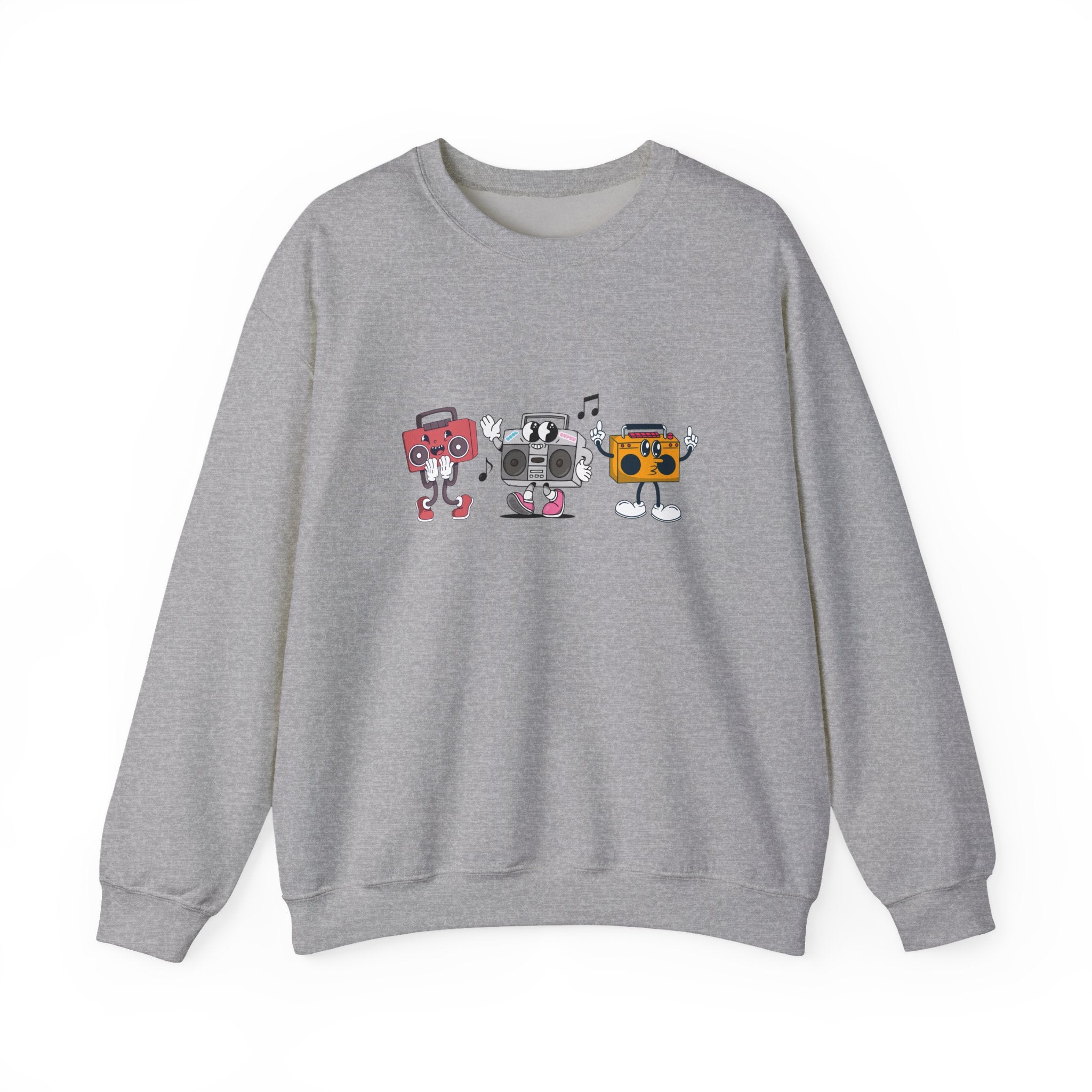 Gray sweatshirt with colorful robot design on a white background