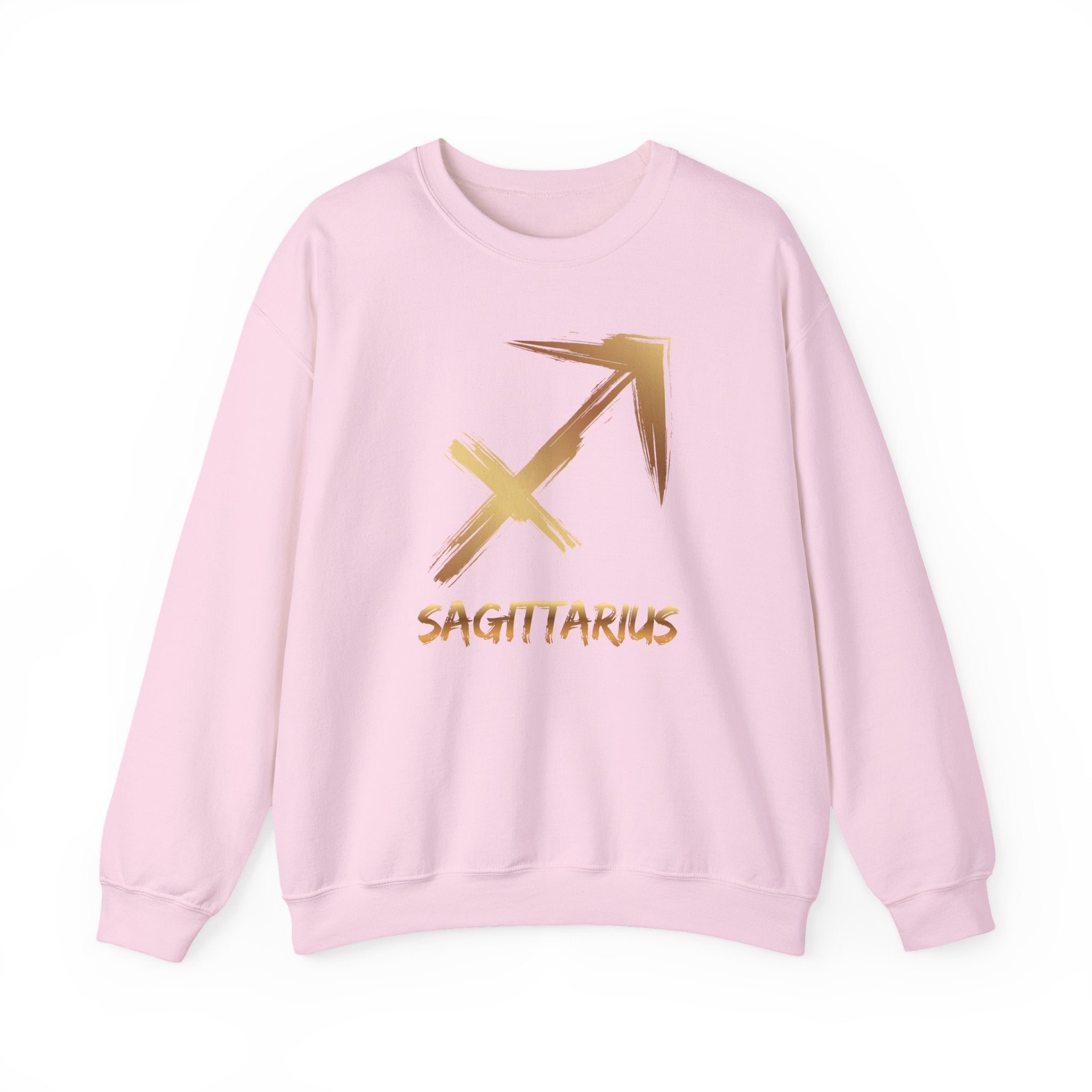 Pink sweatshirt with gold Sagittarius symbol on a white background