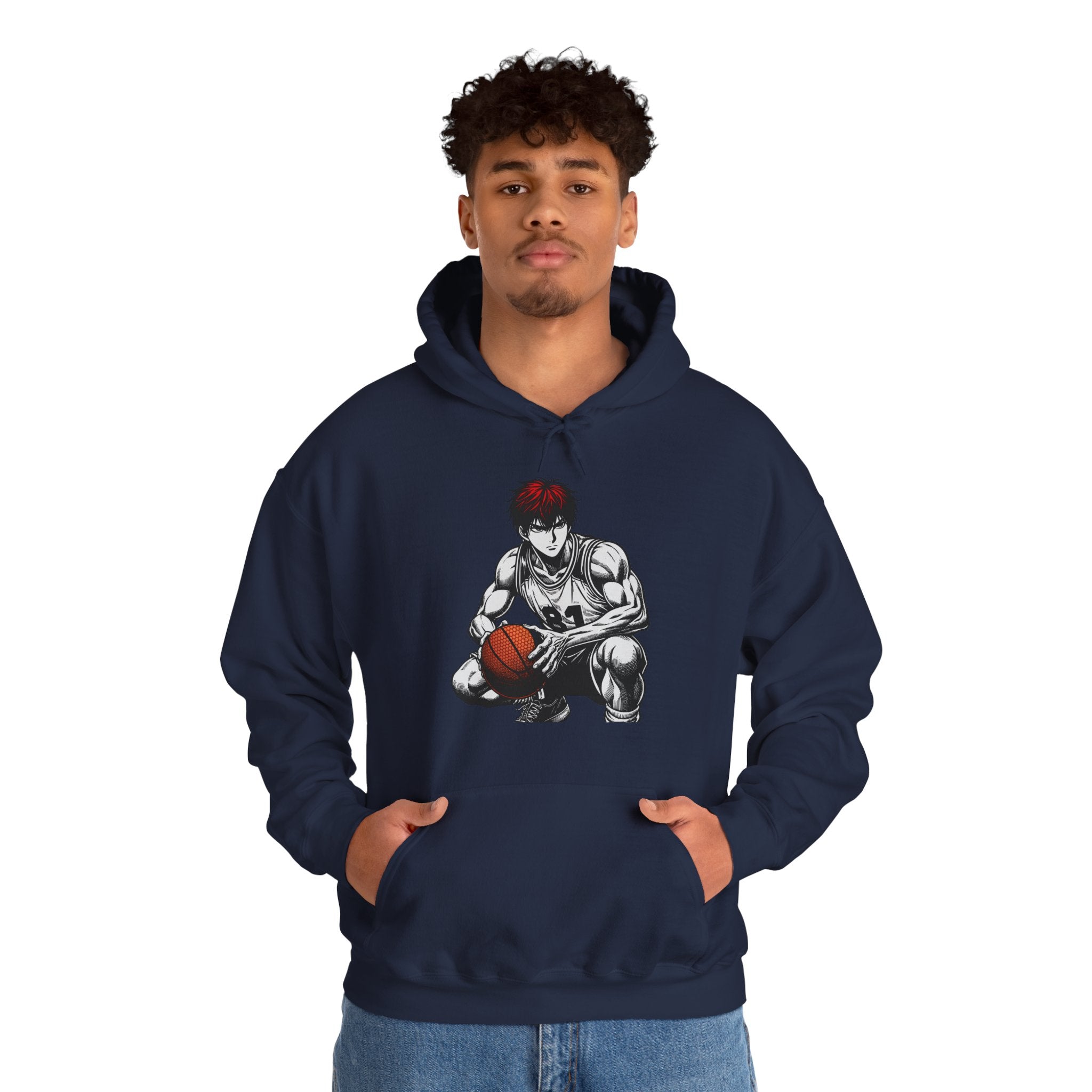Person wearing a navy hoodie with a graphic design on a white background