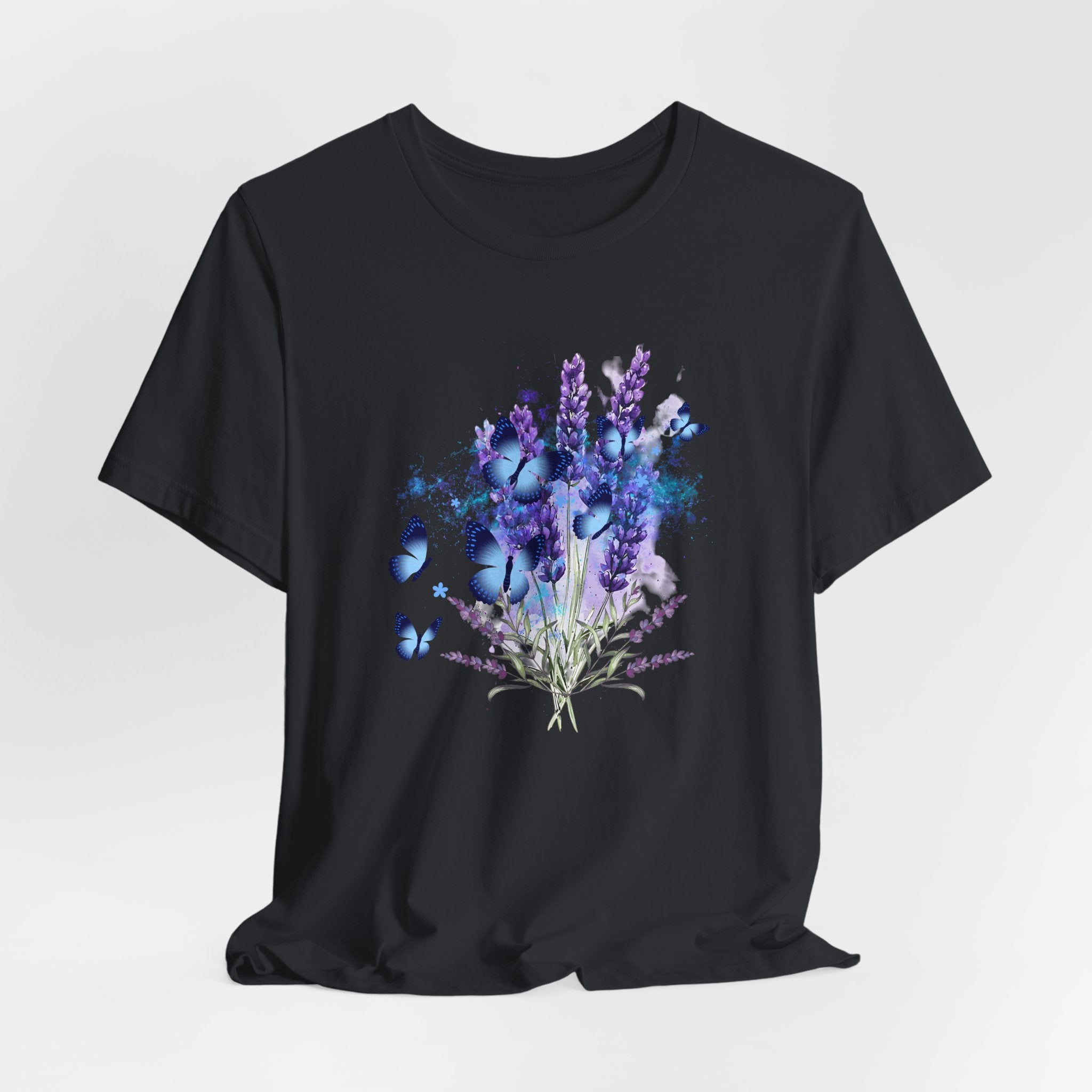 Black t-shirt with a colorful floral design on a white background