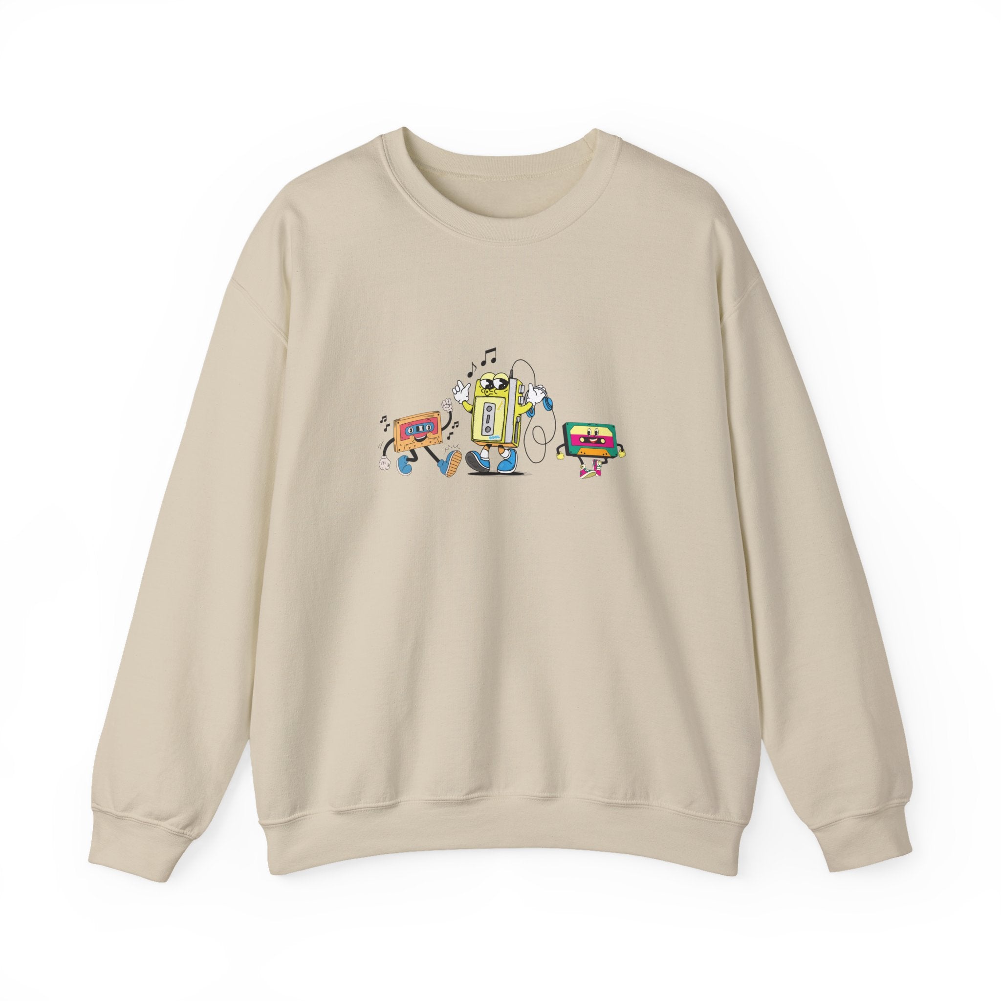Beige sweatshirt with colorful graphic design on a white background