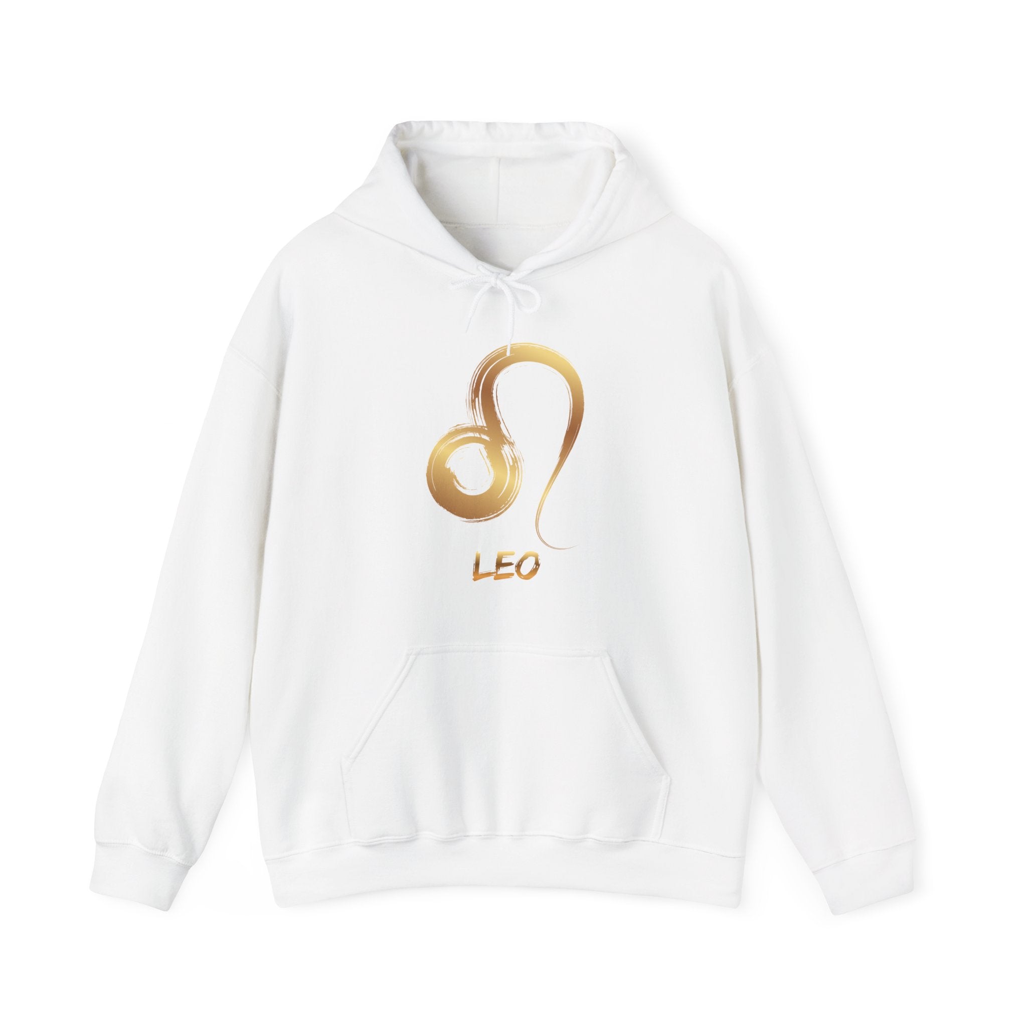 White hoodie with gold Leo symbol on a white background