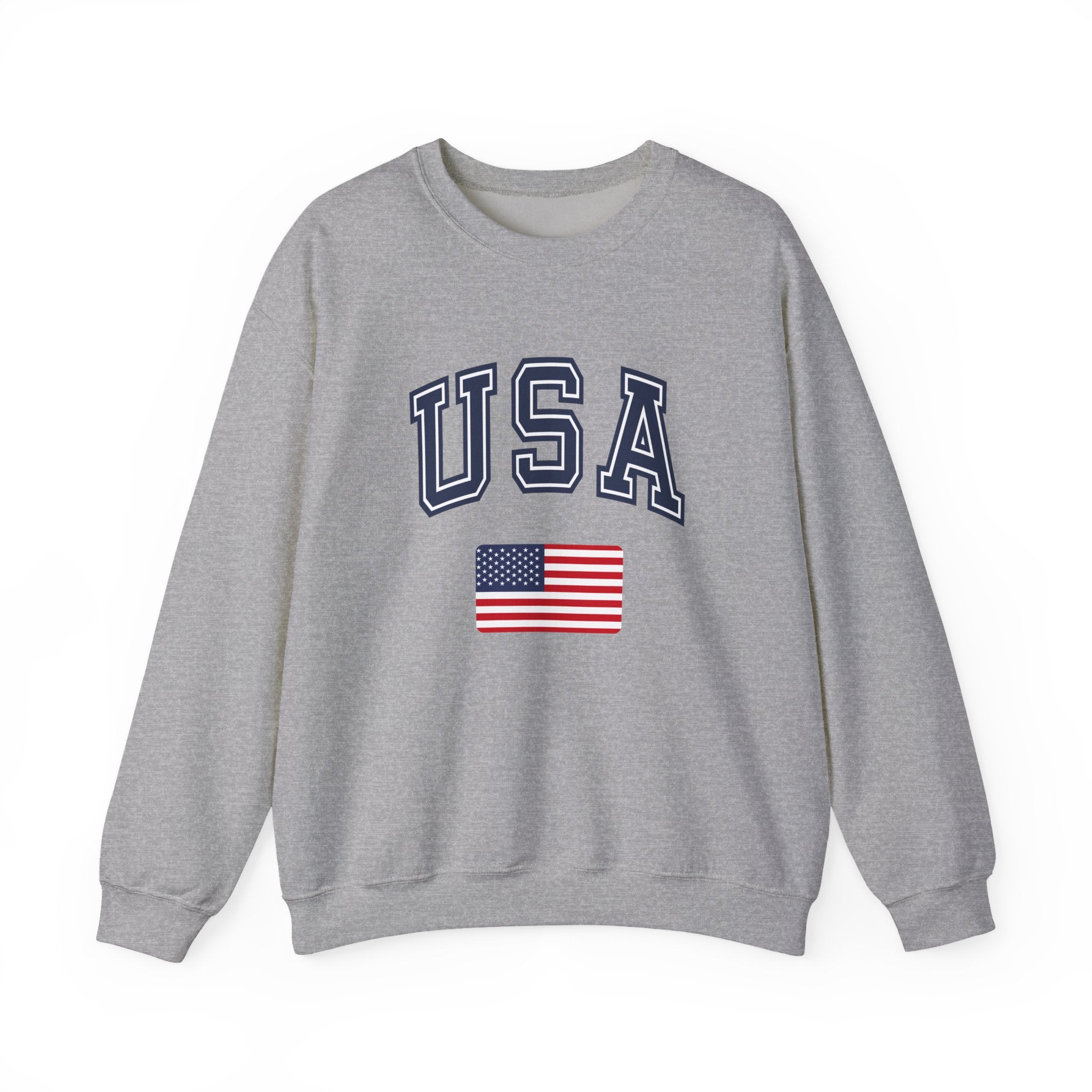 Gray sweatshirt with 'USA' and American flag on a white background