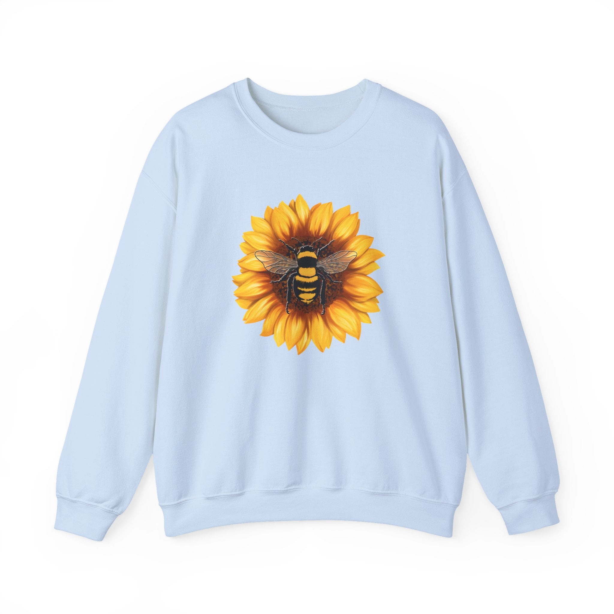 Light blue sweatshirt with a sunflower and bee design on a white background