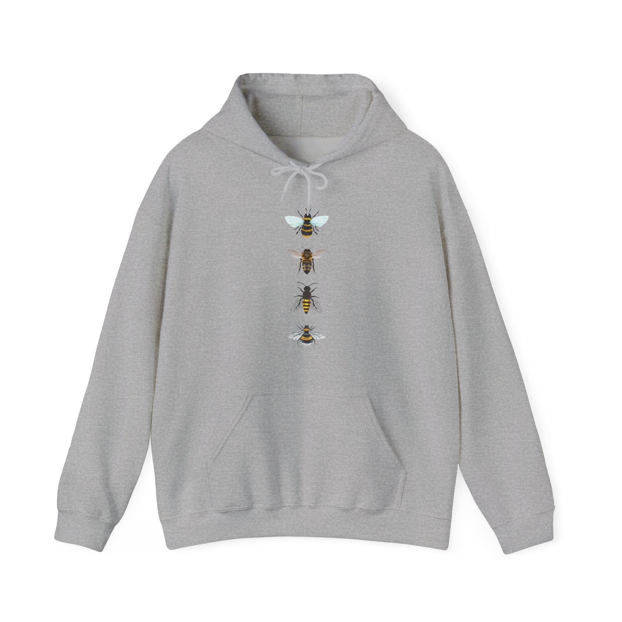 Gray hoodie with bee graphic on a white background
