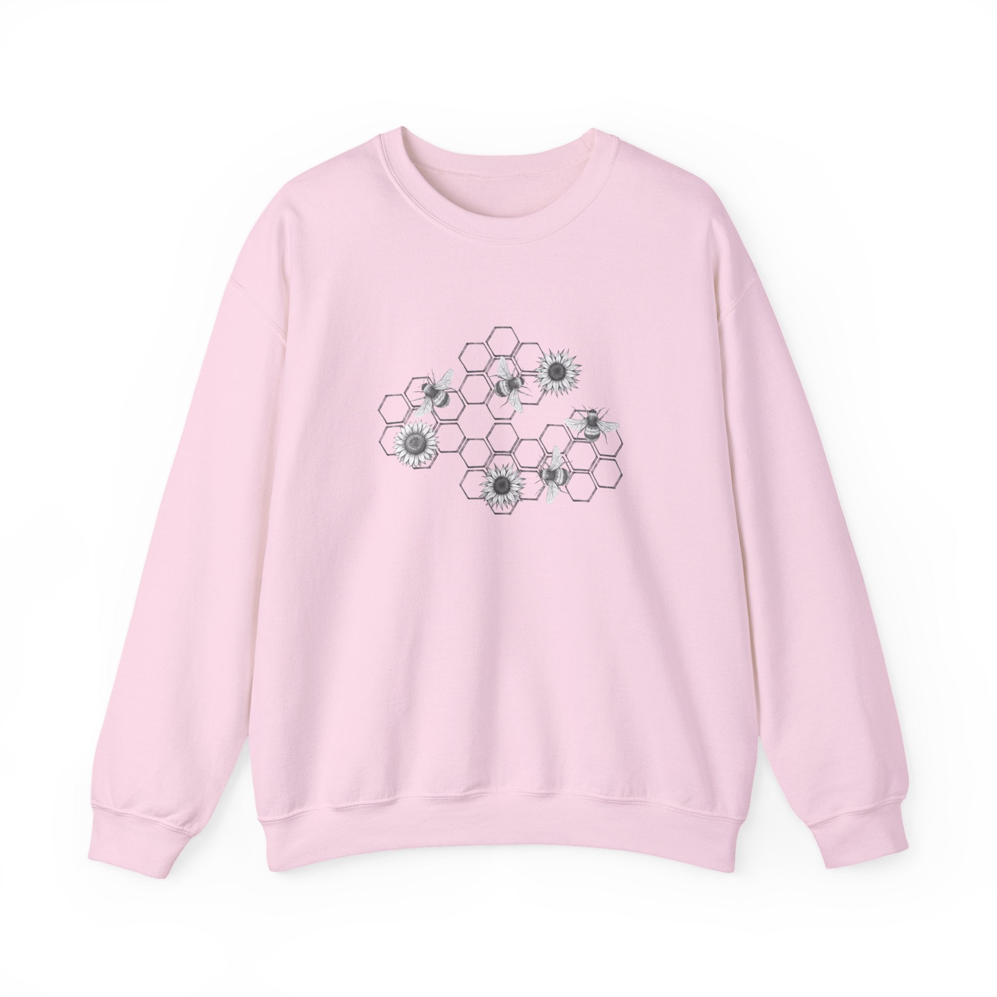 Pink sweatshirt with bee and flower pattern on a white background