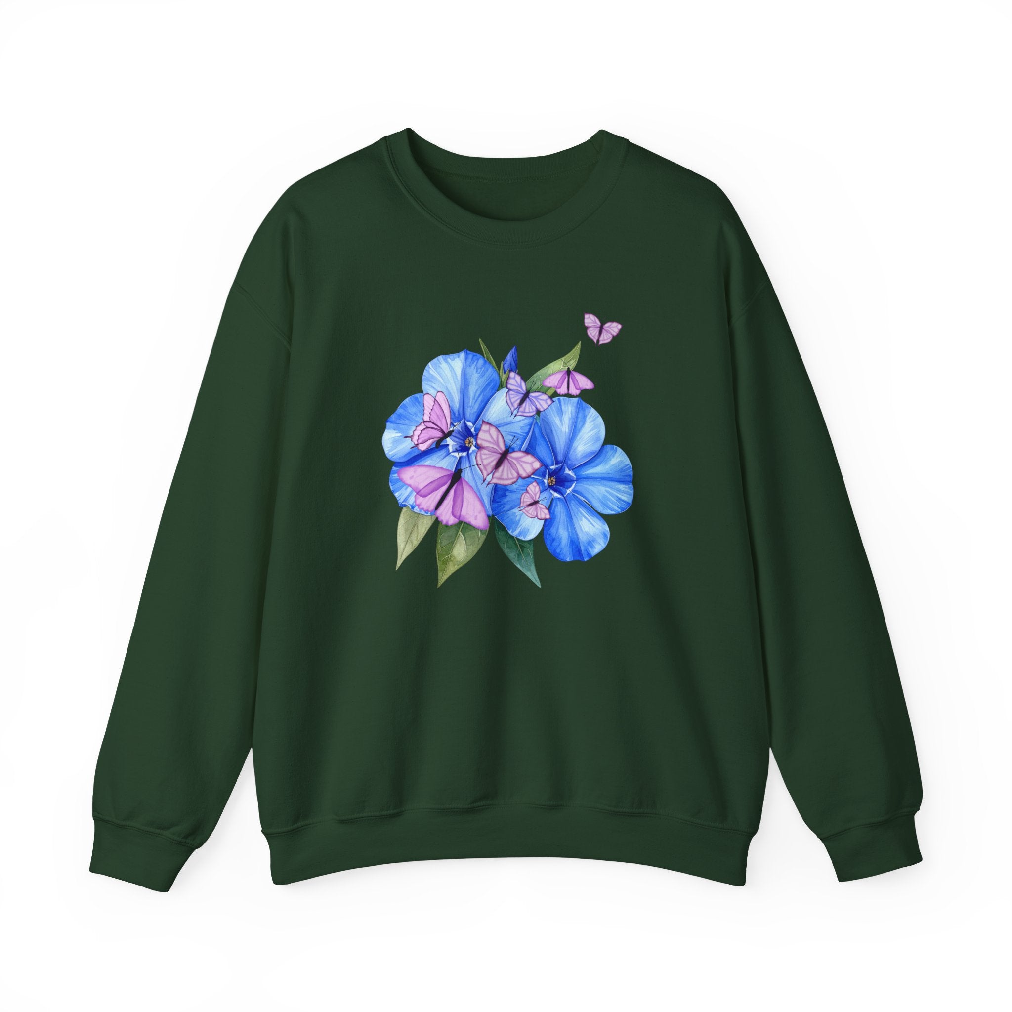 Green sweatshirt with a flower and butterfly design on a white background