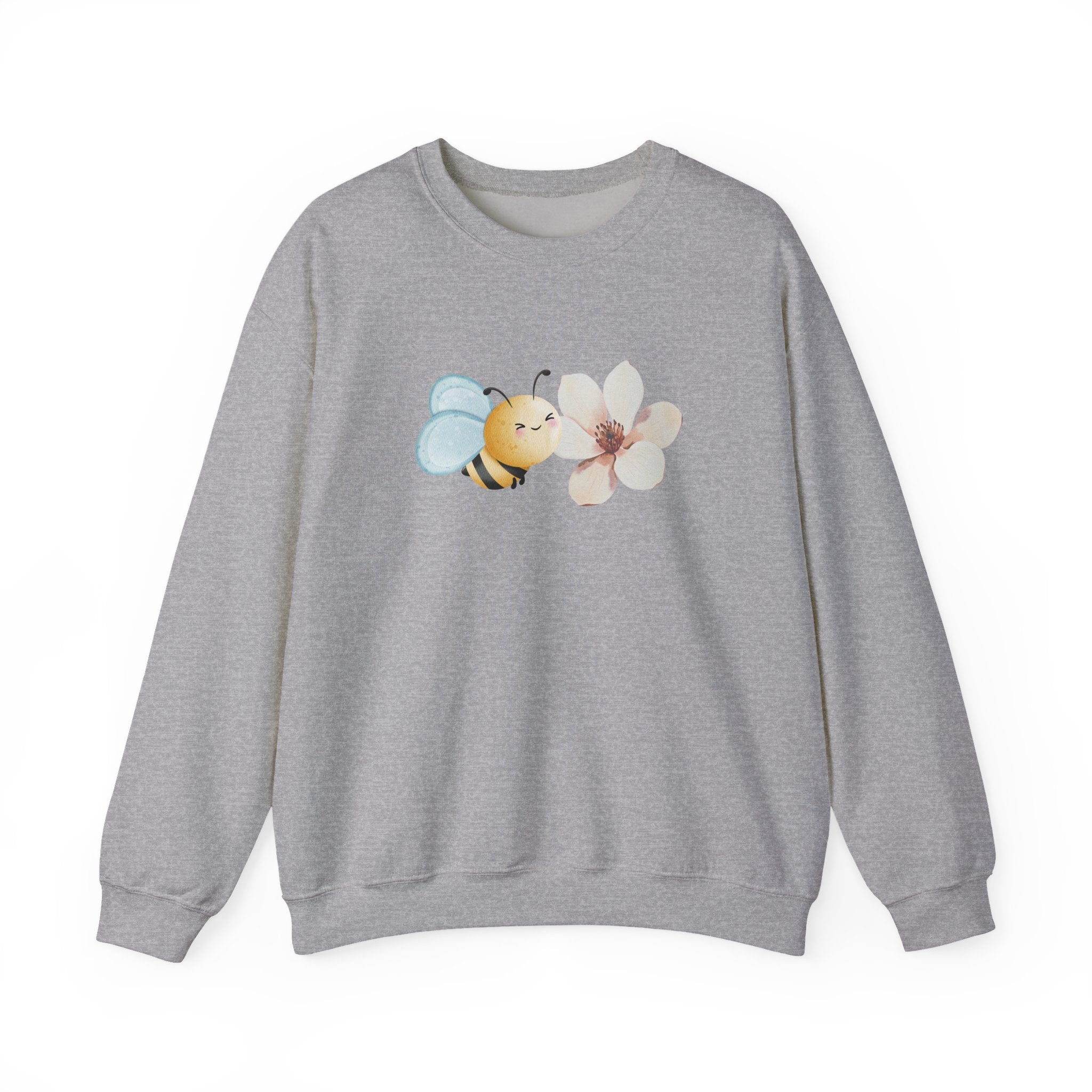 Gray sweatshirt with a bee and flower graphic on a white background