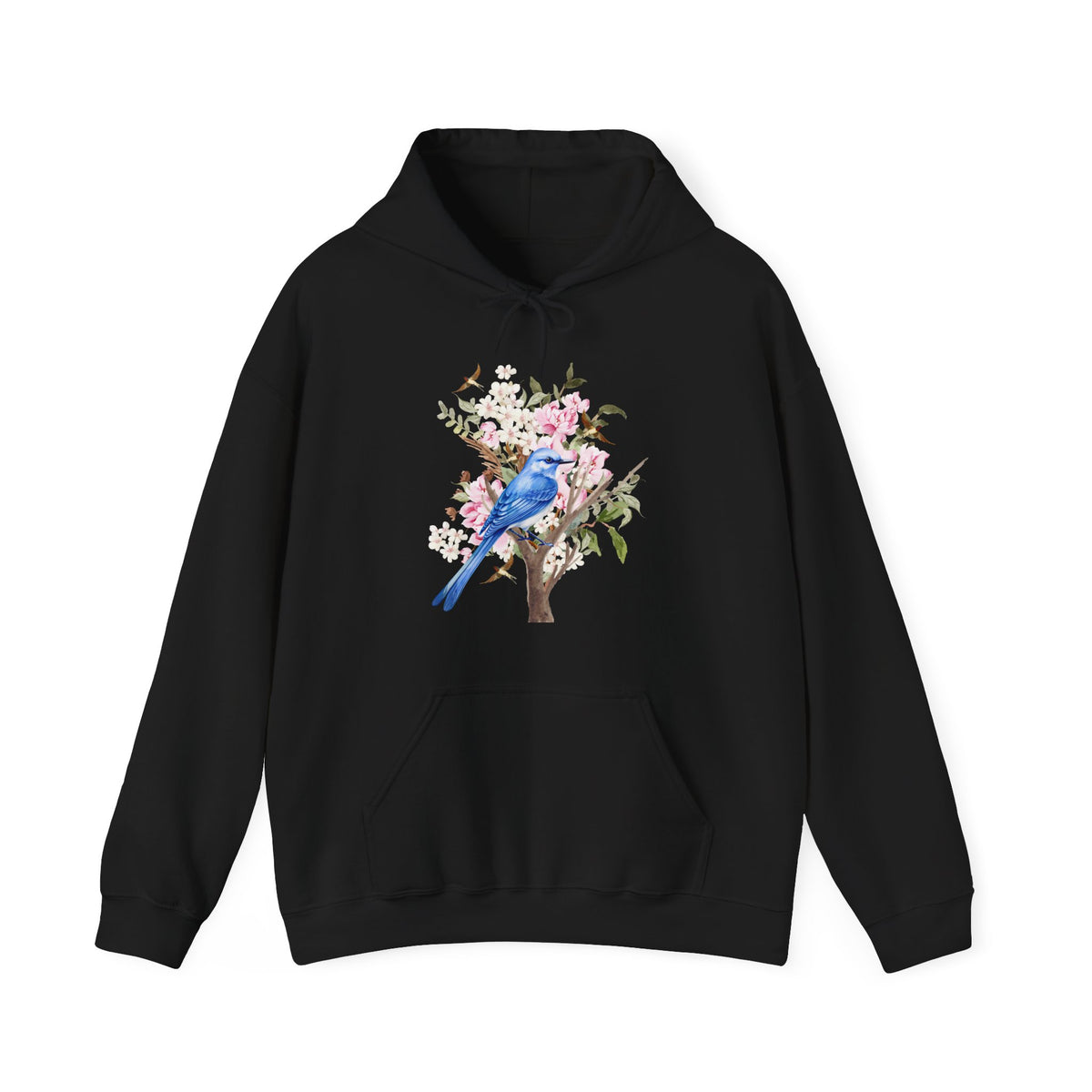 Black hoodie with a blue bird and floral design on a white background