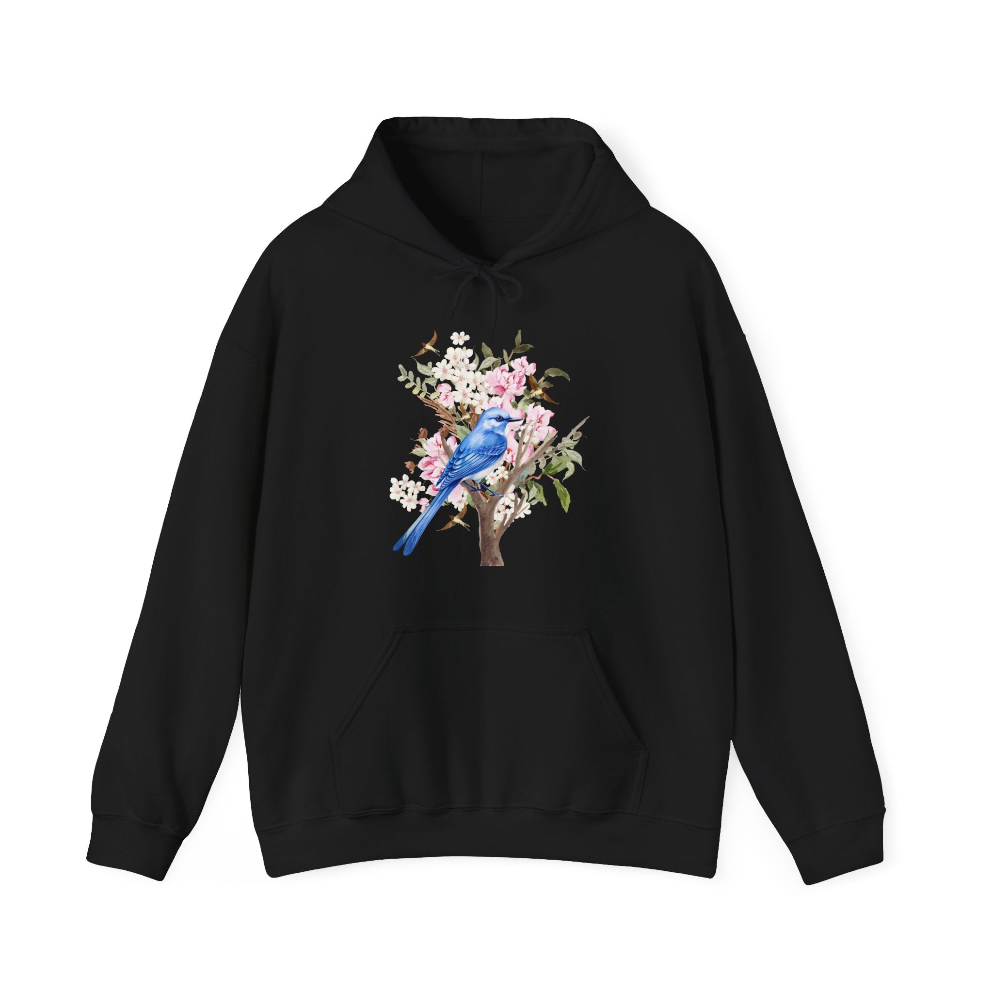 Black hoodie with a blue bird and floral design on a white background