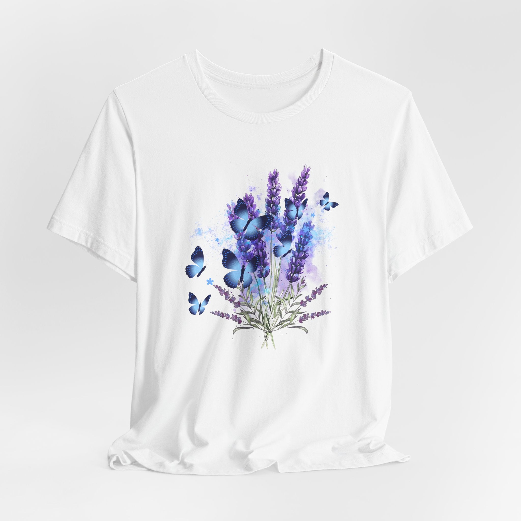 White t-shirt with a design of lavender flowers and butterflies on a white background