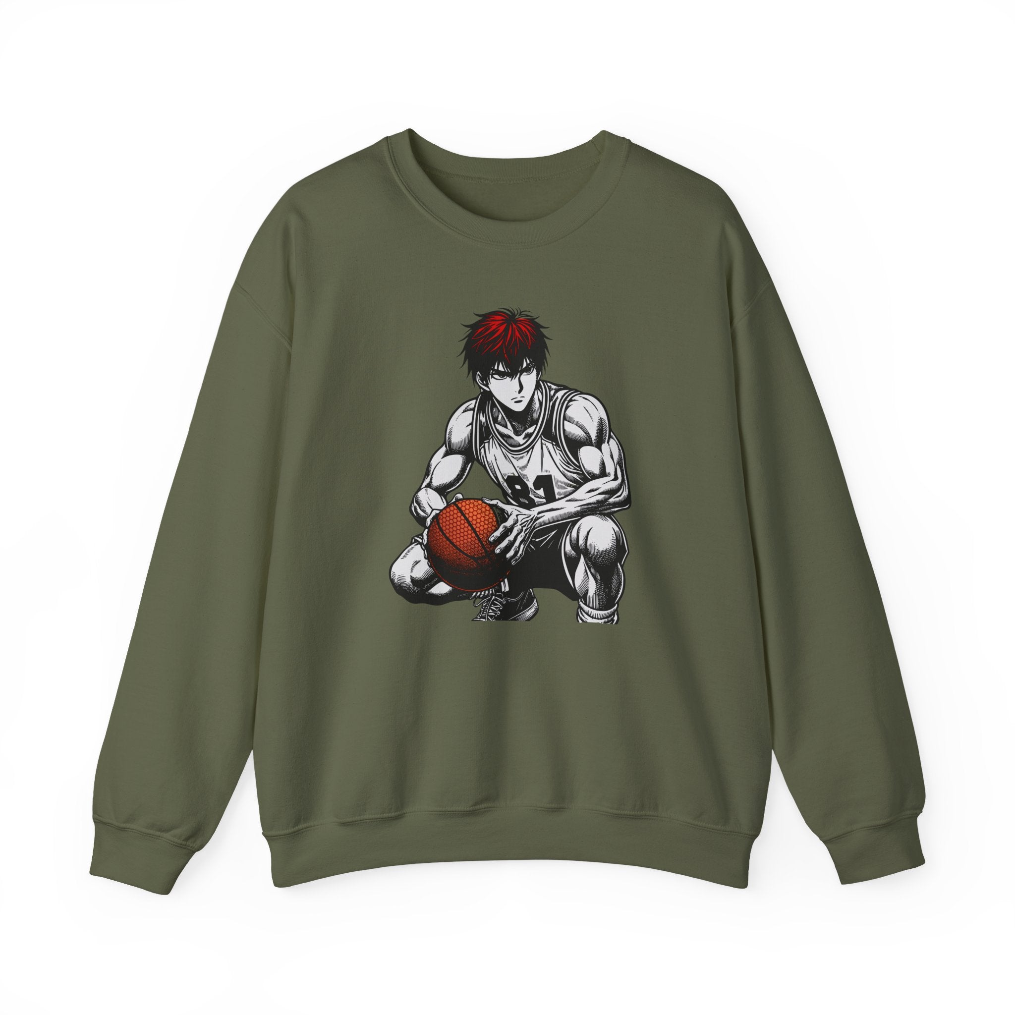 Green sweatshirt with an anime-style graphic of a character holding a basketball on a white background