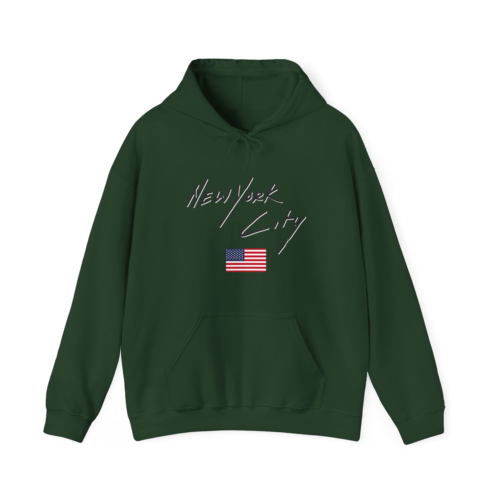 Green hoodie with 'New York City' text and American flag on a white background