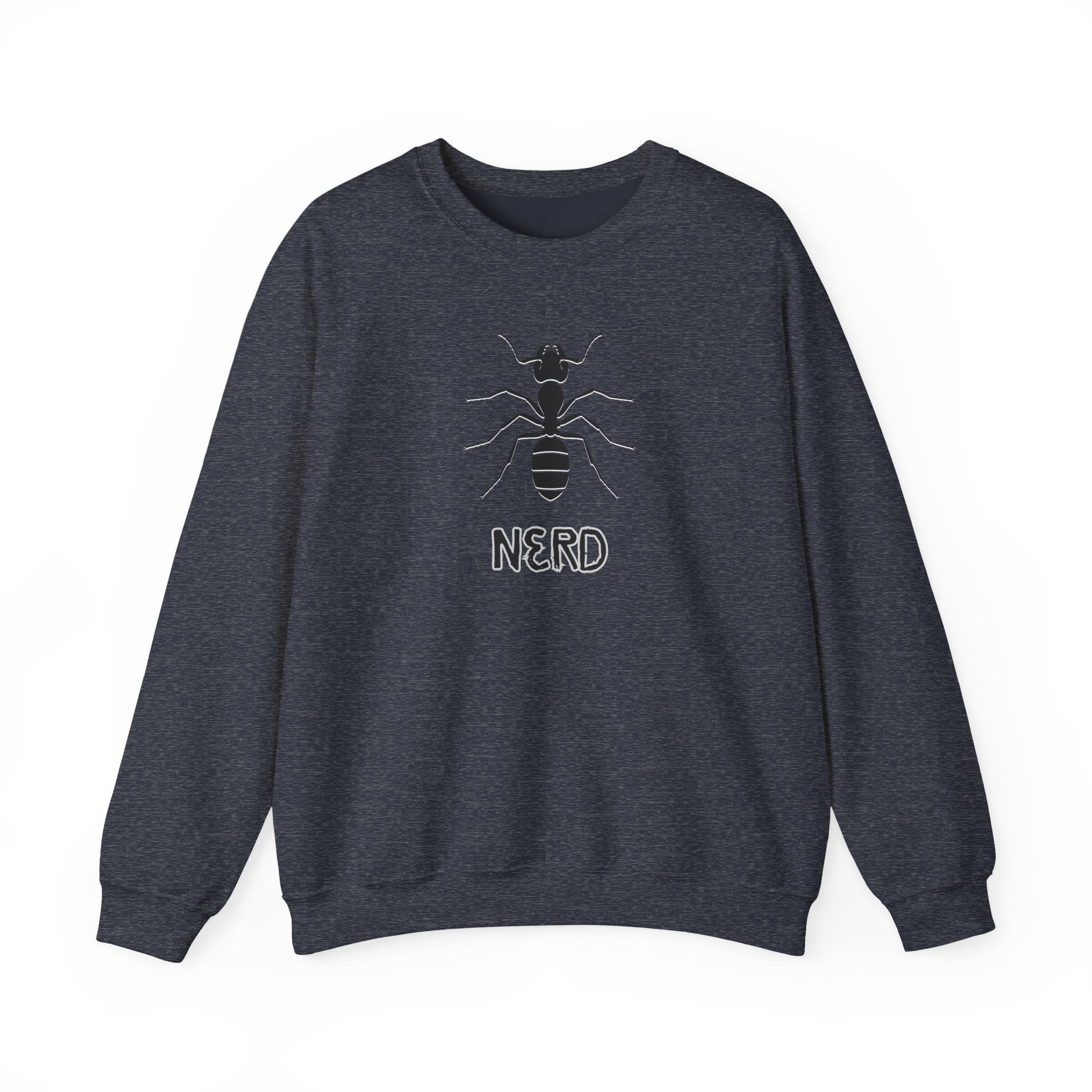 Dark navy sweatshirt with ant graphic and 'NERD' text on a white background