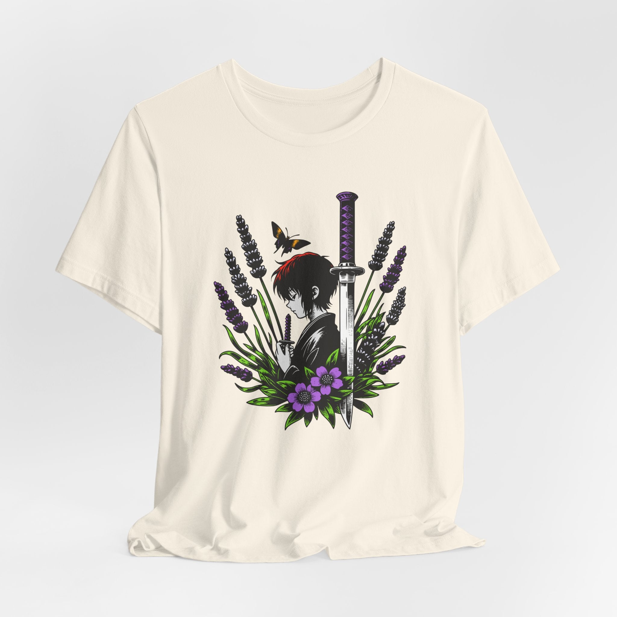 White t-shirt with a graphic design of a person holding a sword among flowers on a light gray background