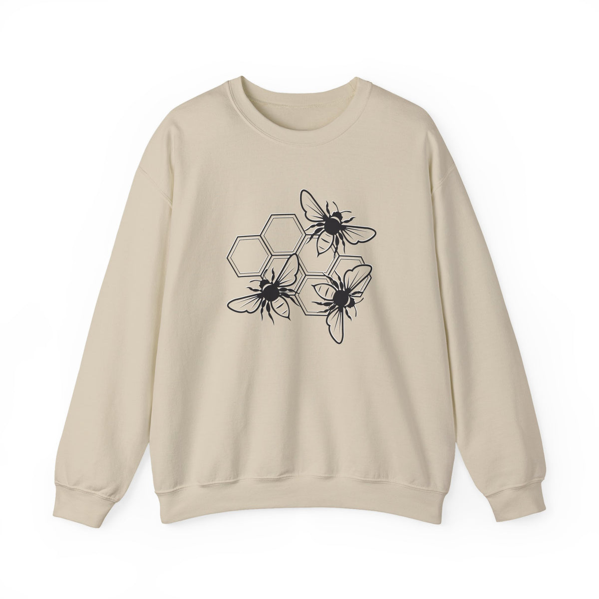 Beige sweatshirt with black bee and hexagon pattern on a white background