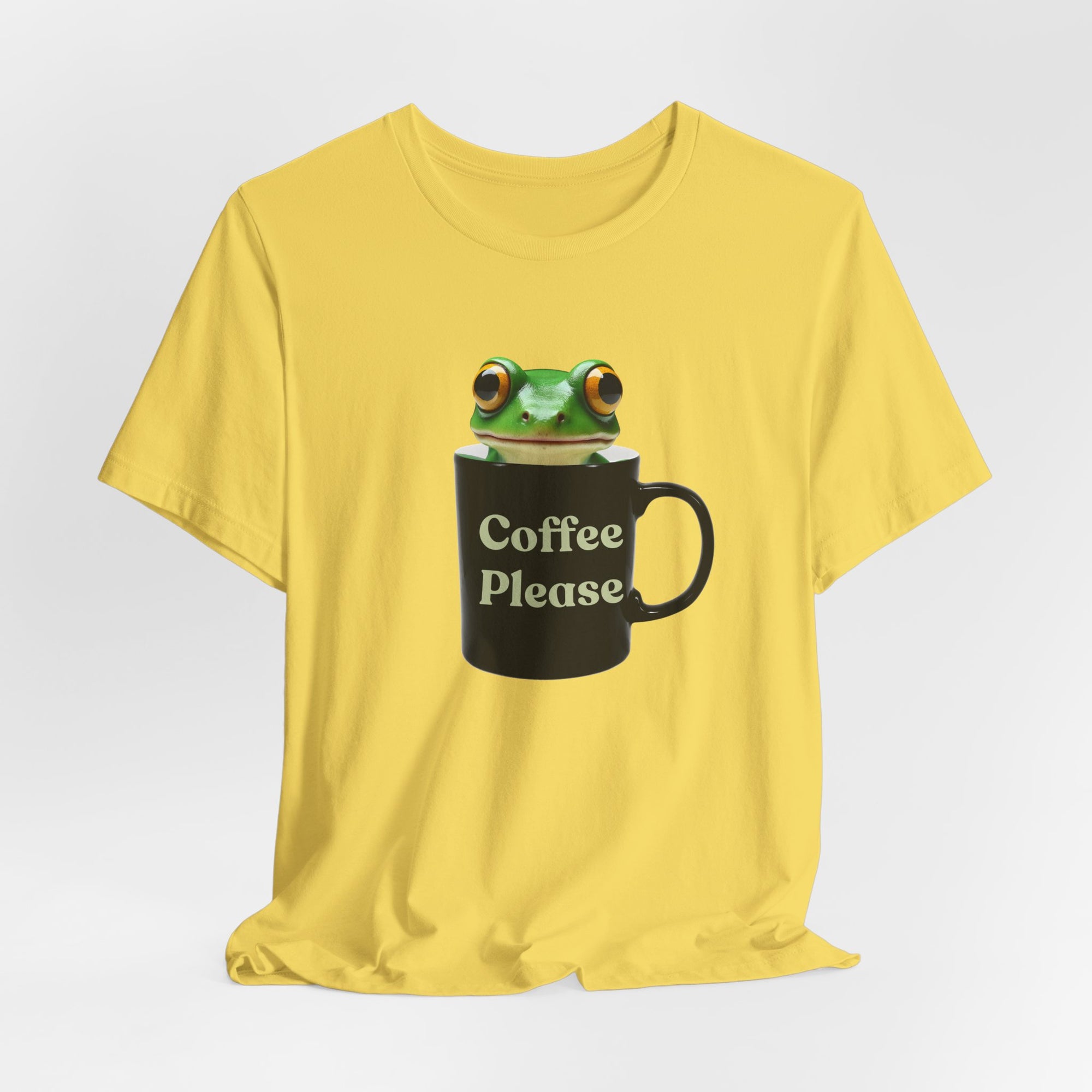 Cute Frog Inside Mug T-Shirt – "Coffee Please" Quote Graphic Tee for Coffee Lovers, Funny Frog with Mug Shirt, Gift for Caffeine Addicts