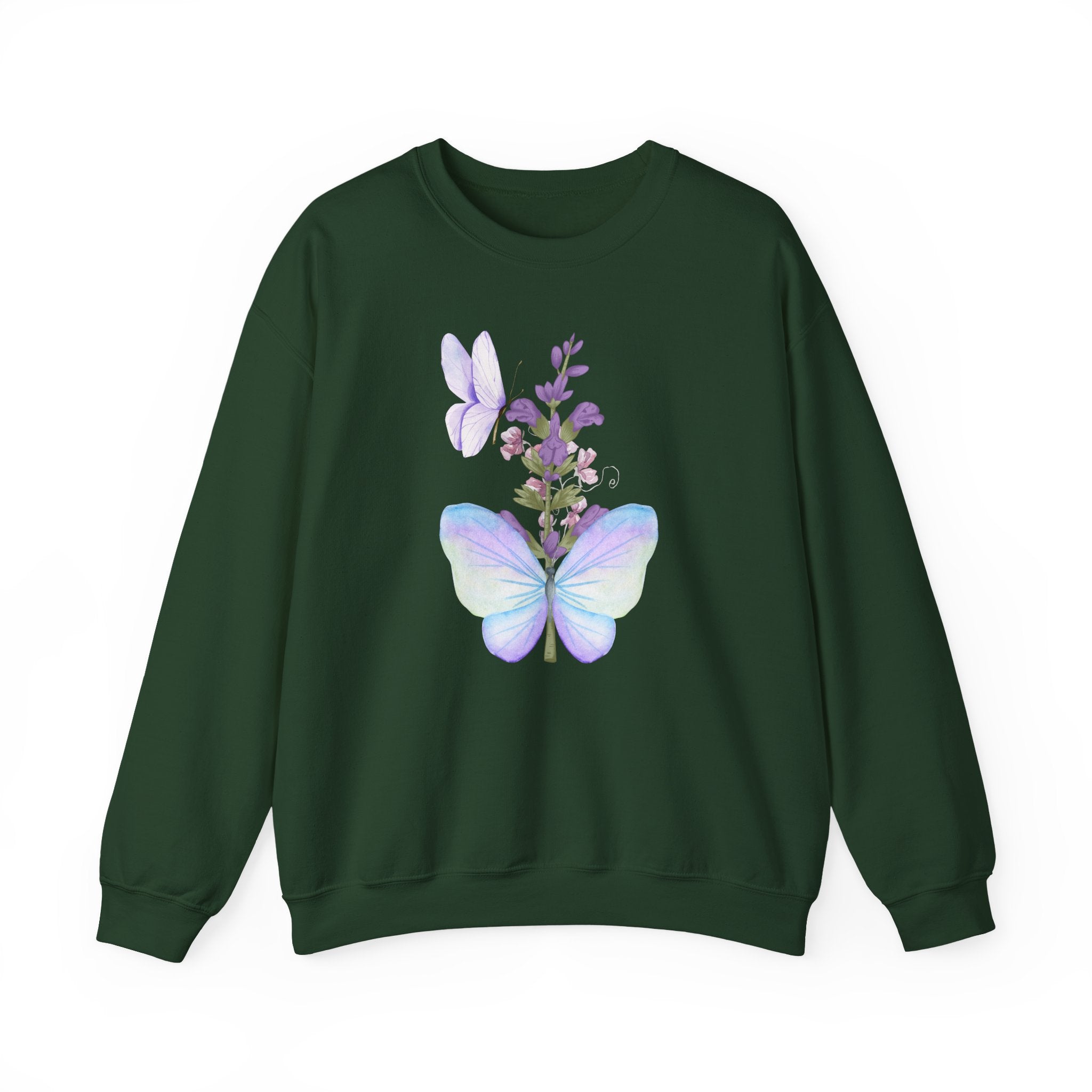 Green sweatshirt with butterfly and floral design on a white background