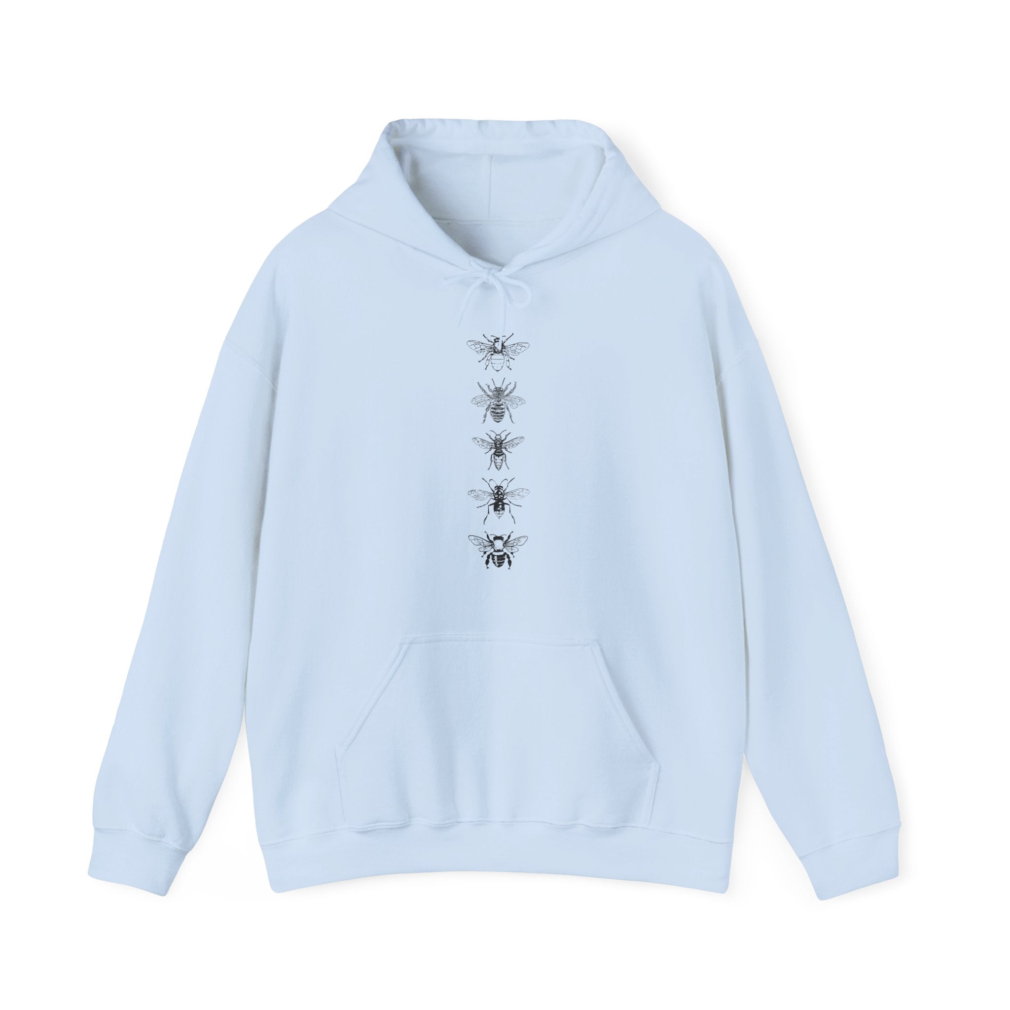 Light blue hoodie with a bee design on a white background