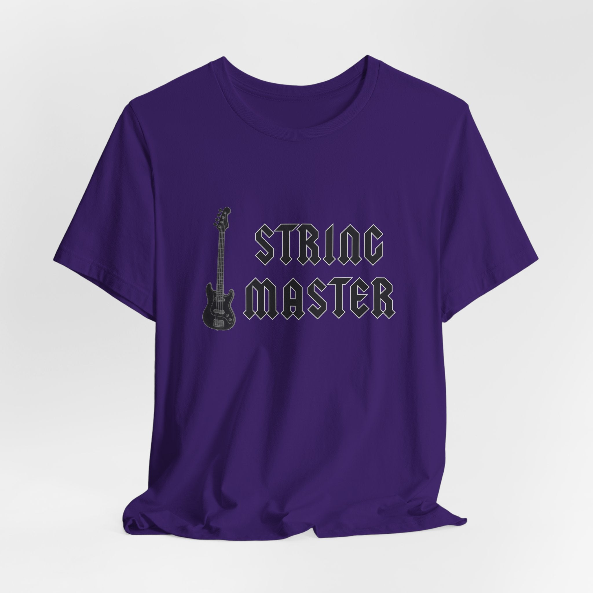 Purple t-shirt with "String Master" text and guitar graphic on a white background