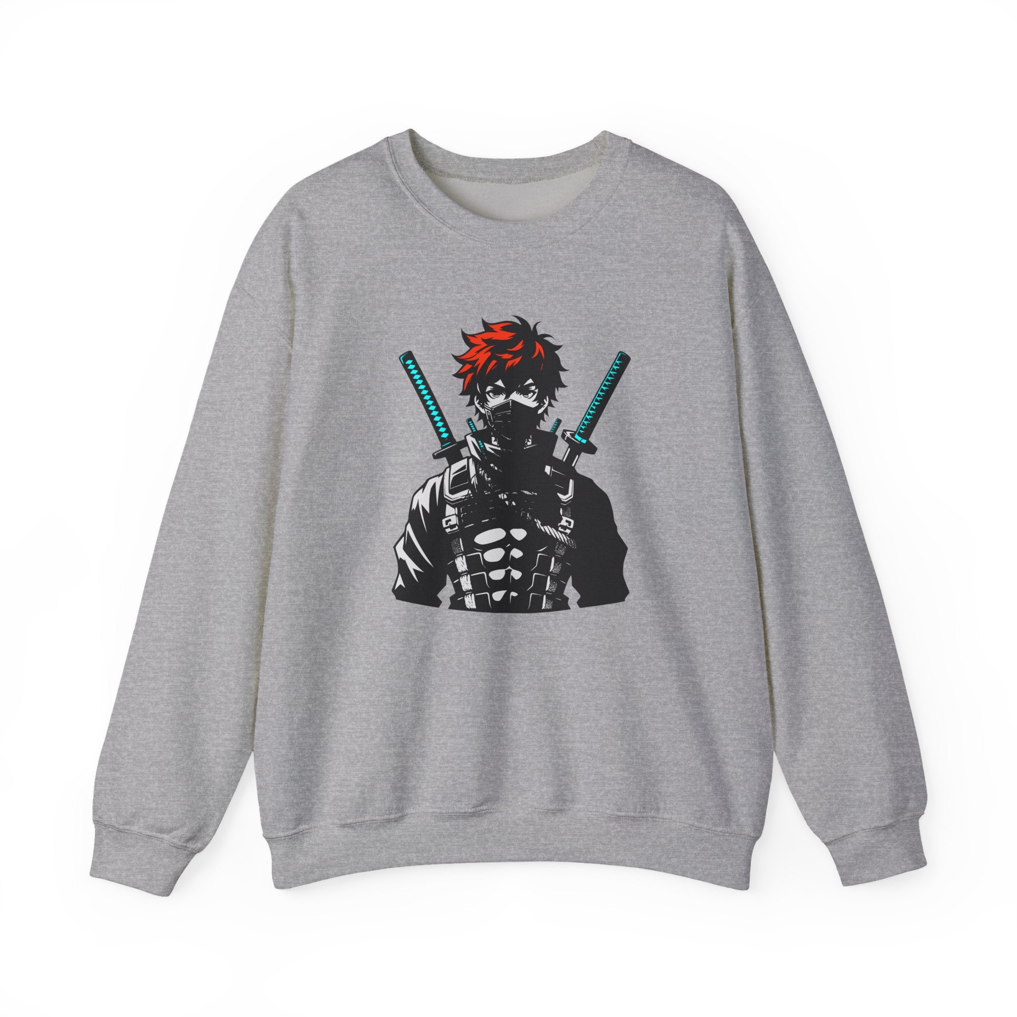 Gray sweatshirt with a graphic design of a character holding swords on a white background