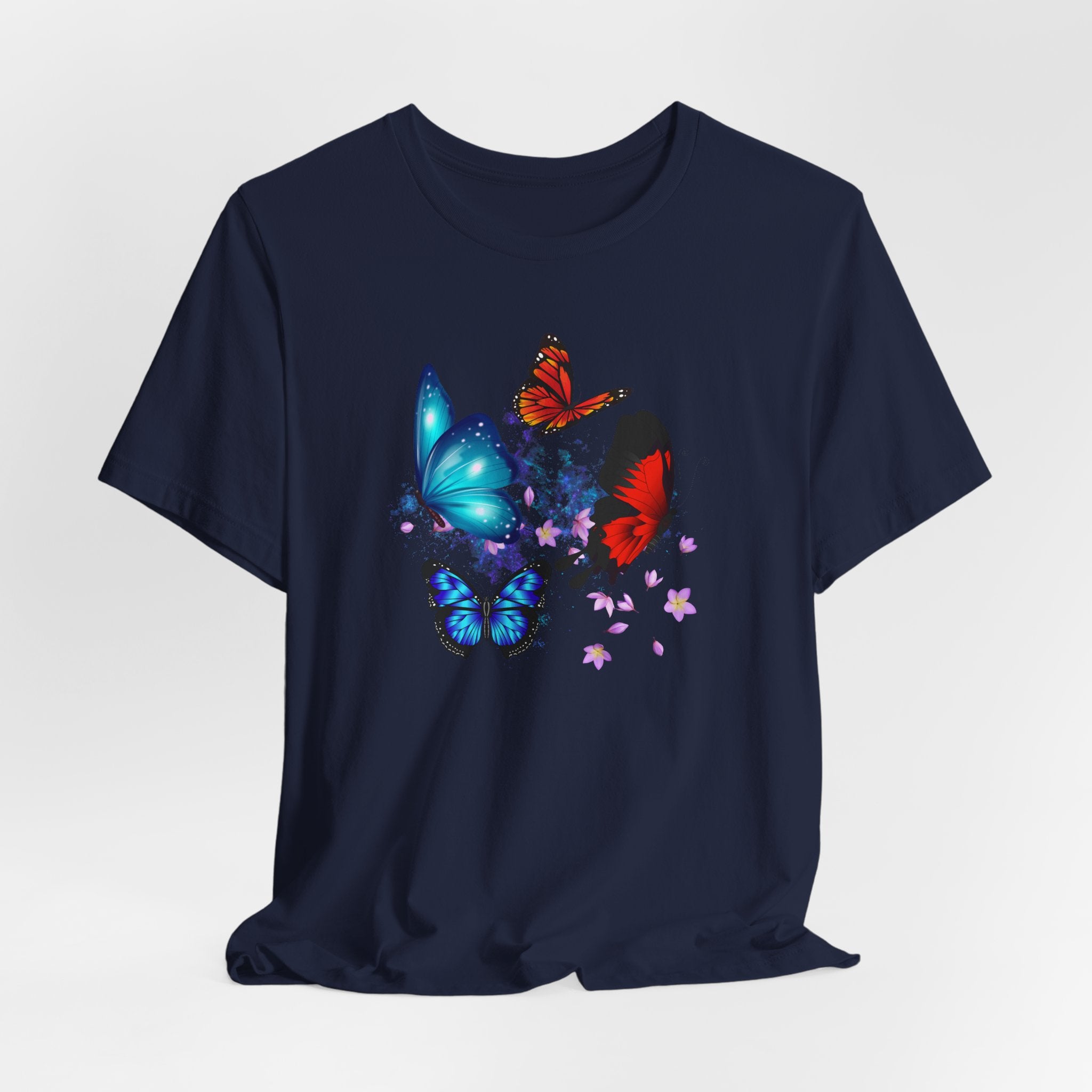 Navy blue t-shirt with colorful butterfly design on a light gray background