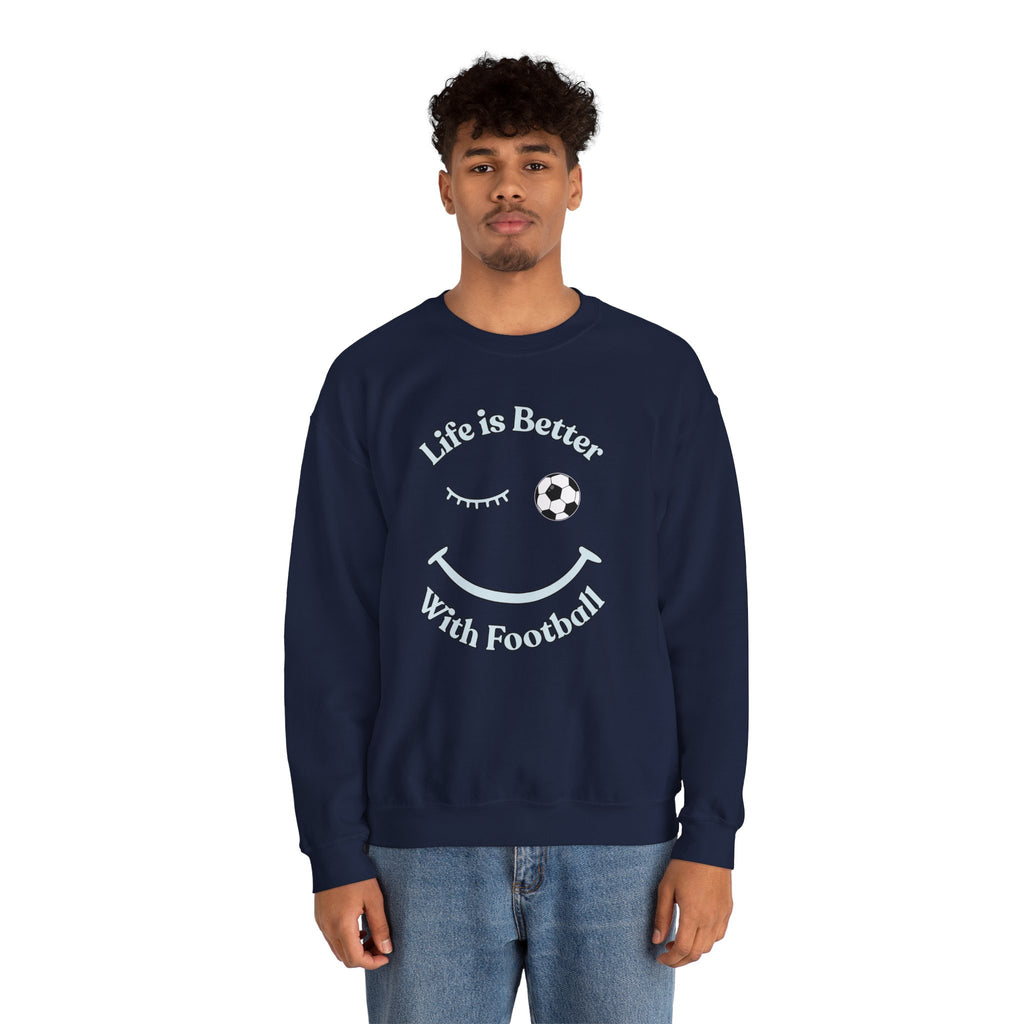Man wearing a navy blue sweatshirt with 'Life is Better With Football' text and smiley face design on a white background