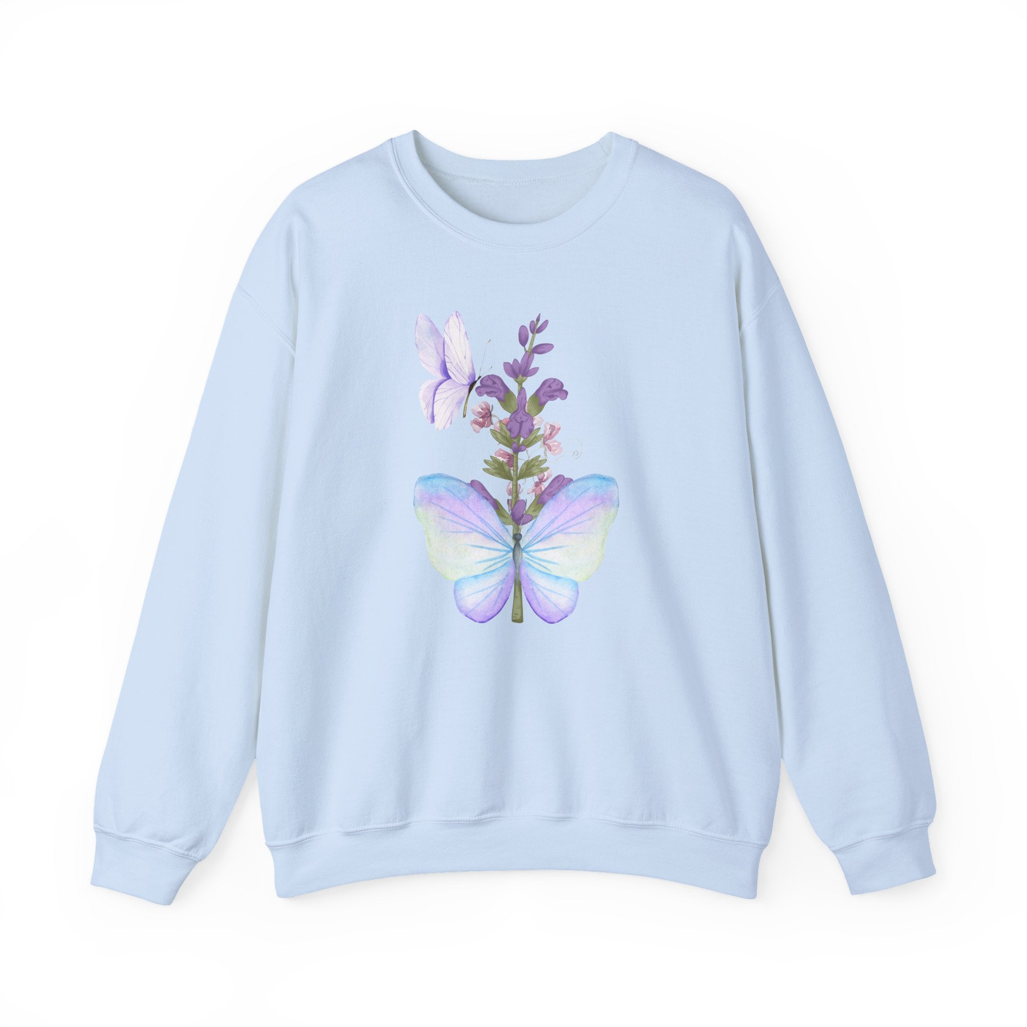 Light blue sweatshirt with butterfly and flower design on a white background