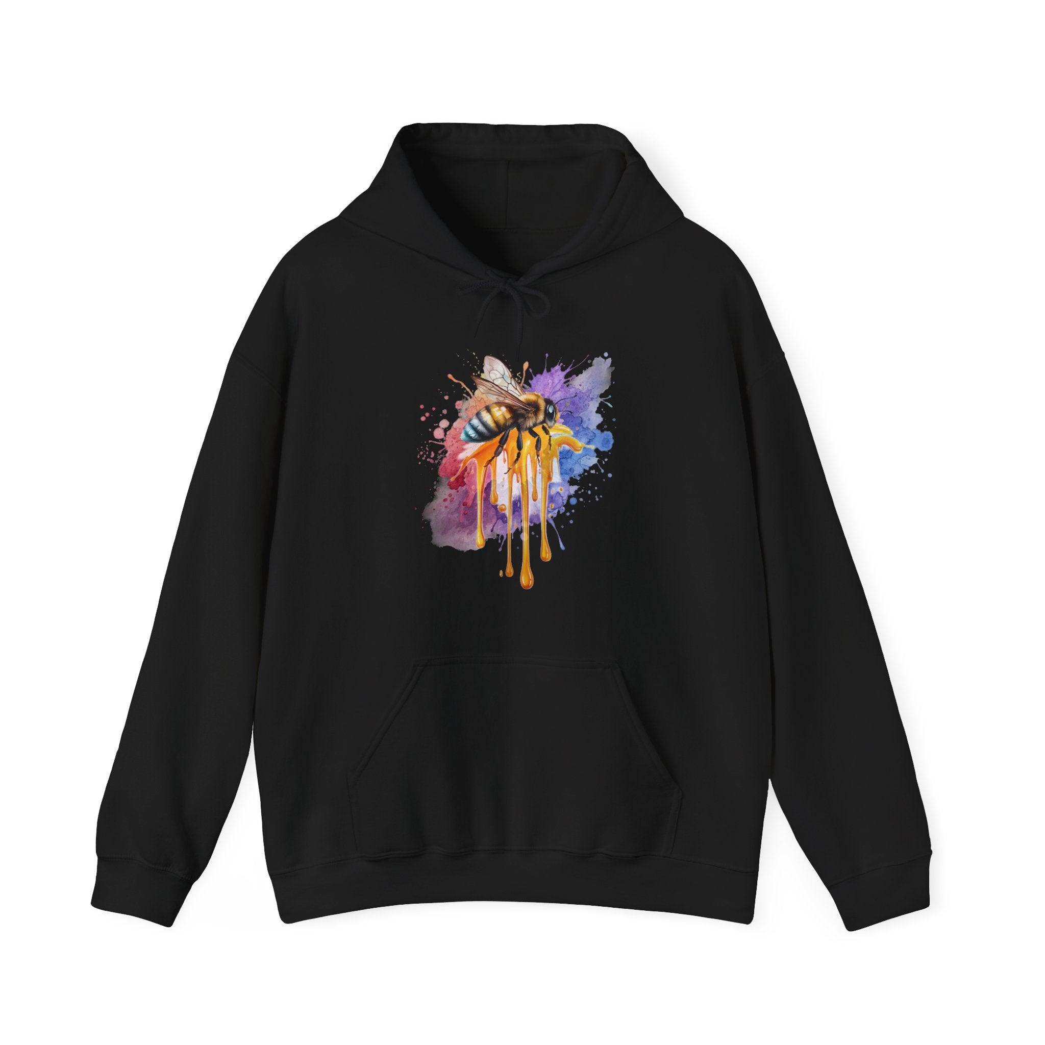 Black hoodie with a colorful bee design on a white background