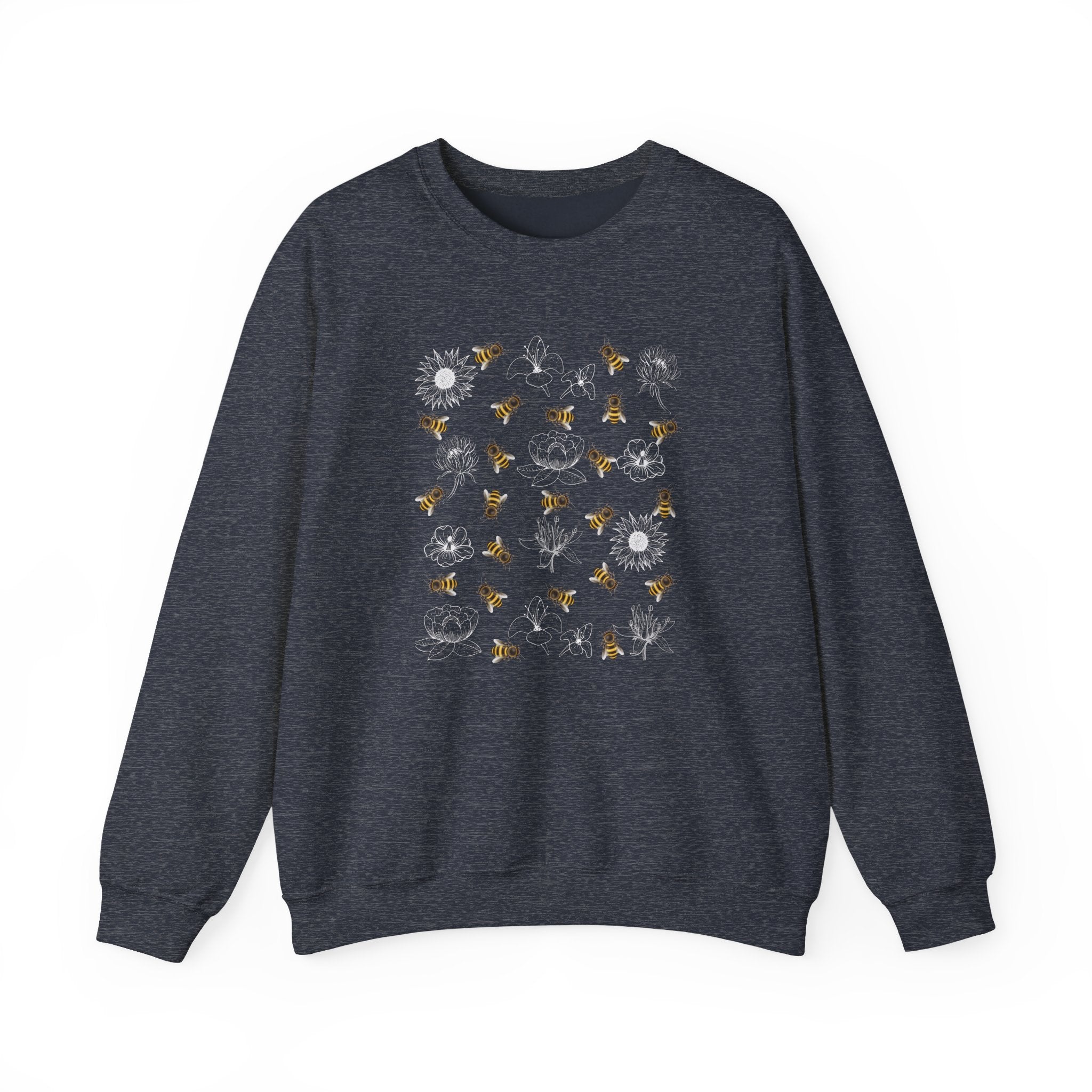 Dark navy sweatshirt with bee and flower pattern on a white background
