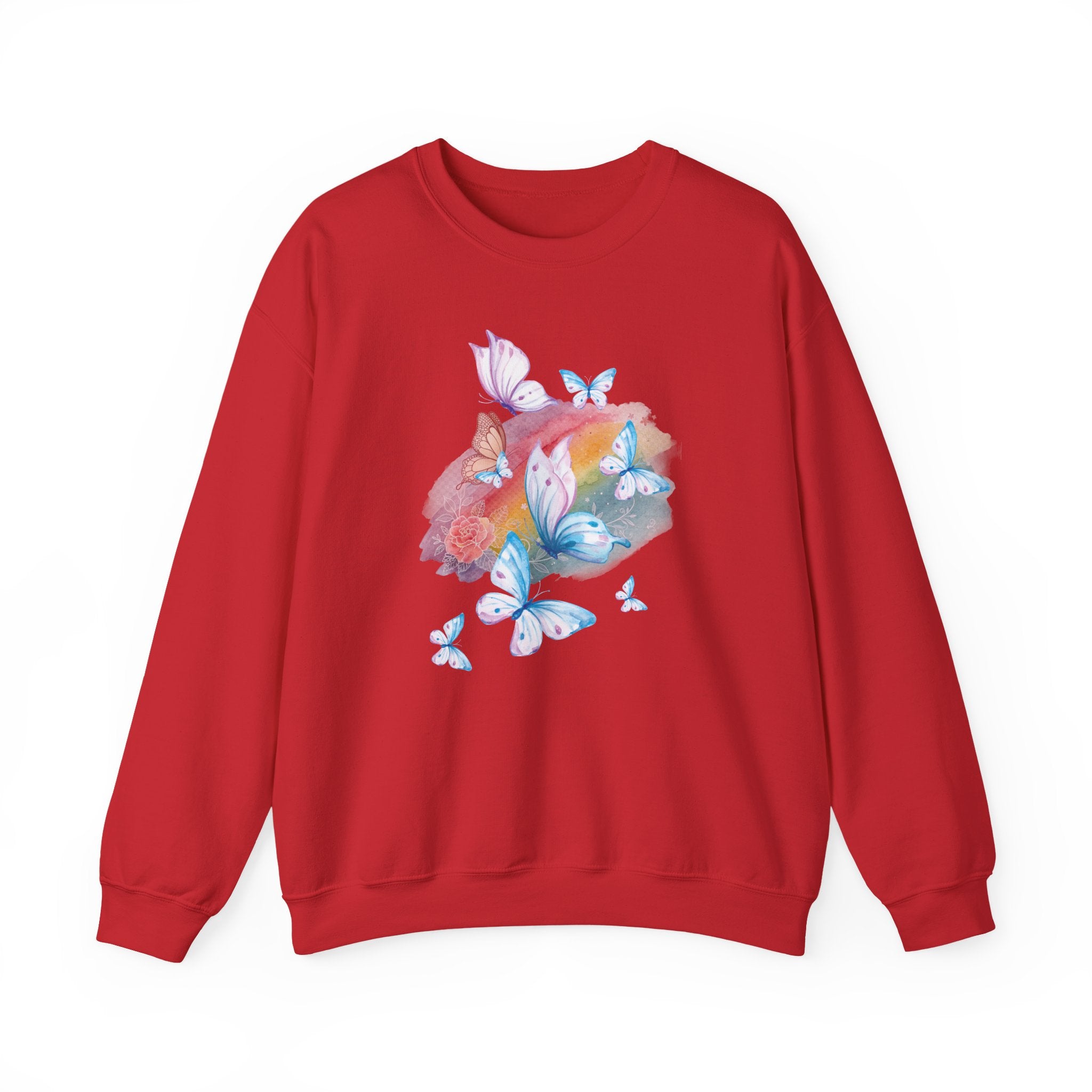 Red sweatshirt with butterfly and flower design on a white background