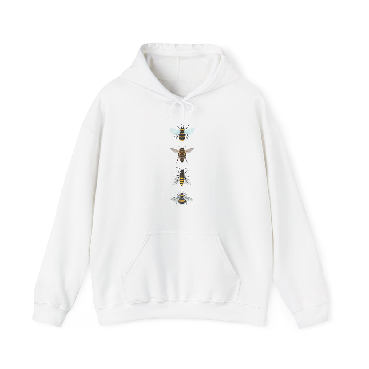White hoodie with bee graphic on a white background