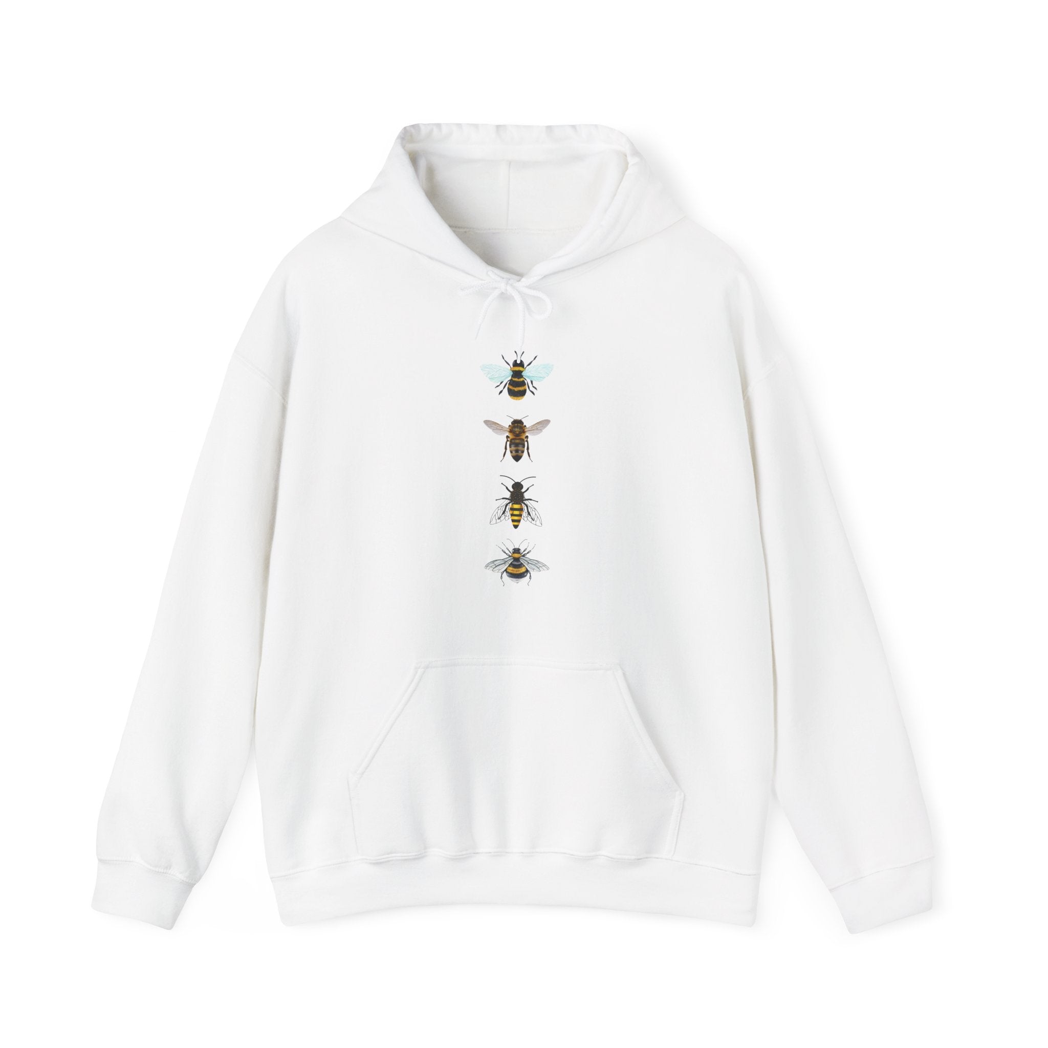 White hoodie with bee graphic on a white background