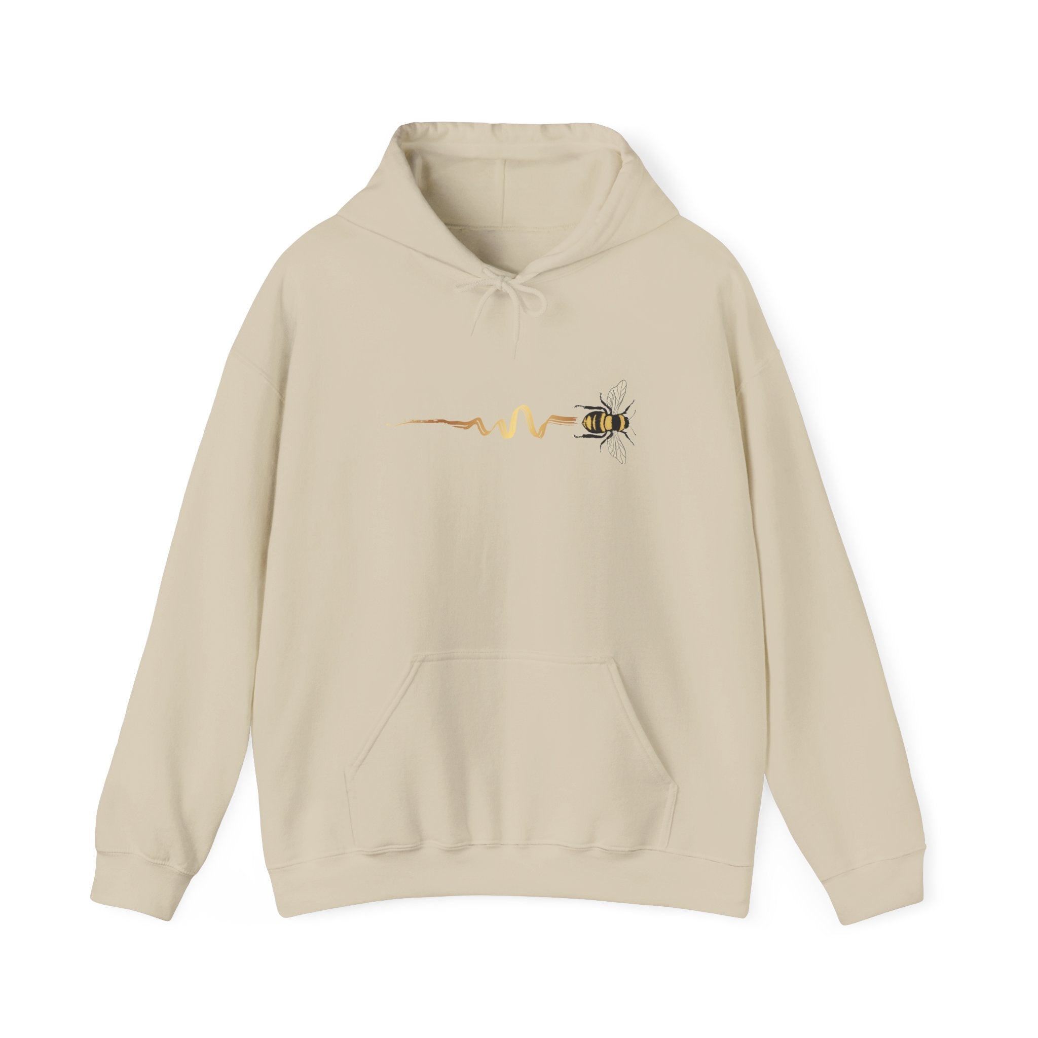 Beige hoodie with a bee design on a white background