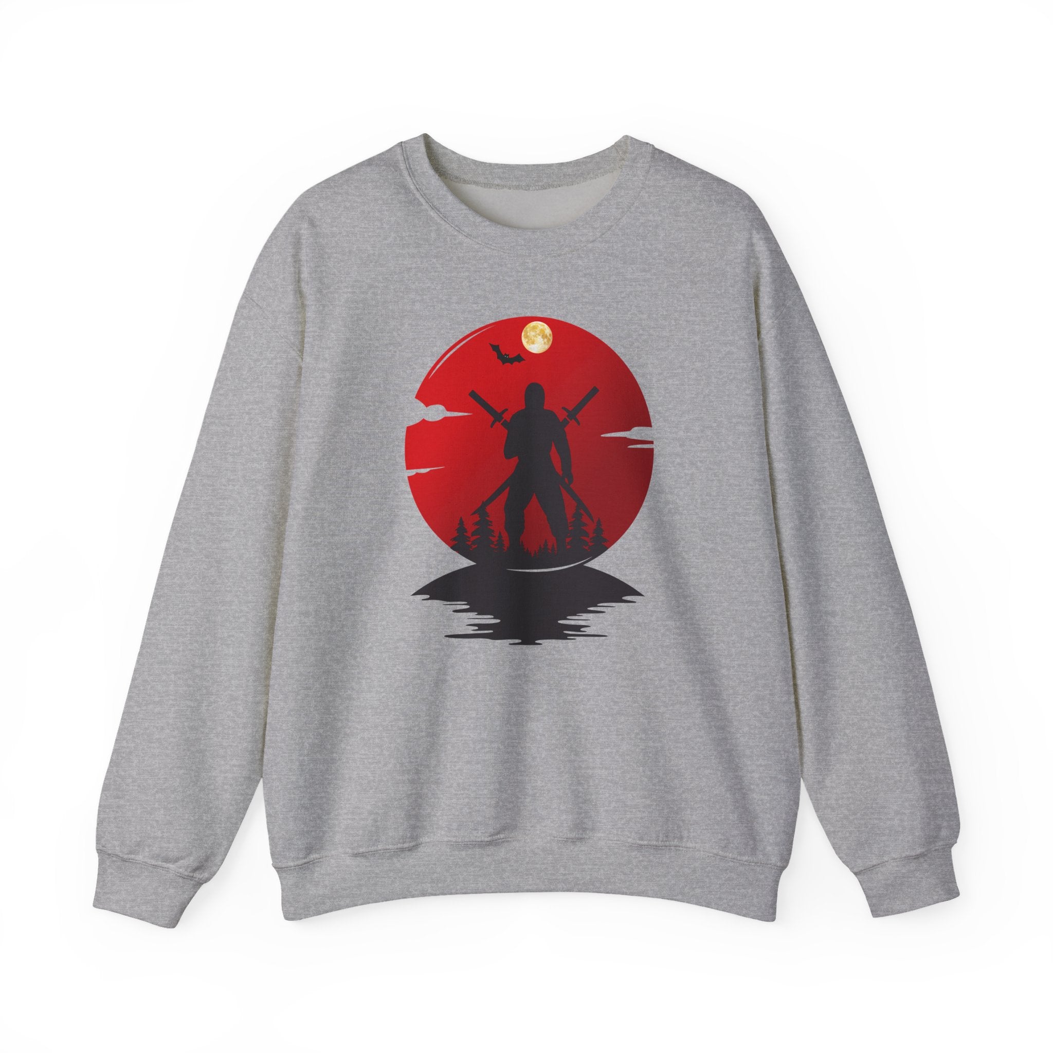 Gray sweatshirt with a red and black ninja graphic design on a white background