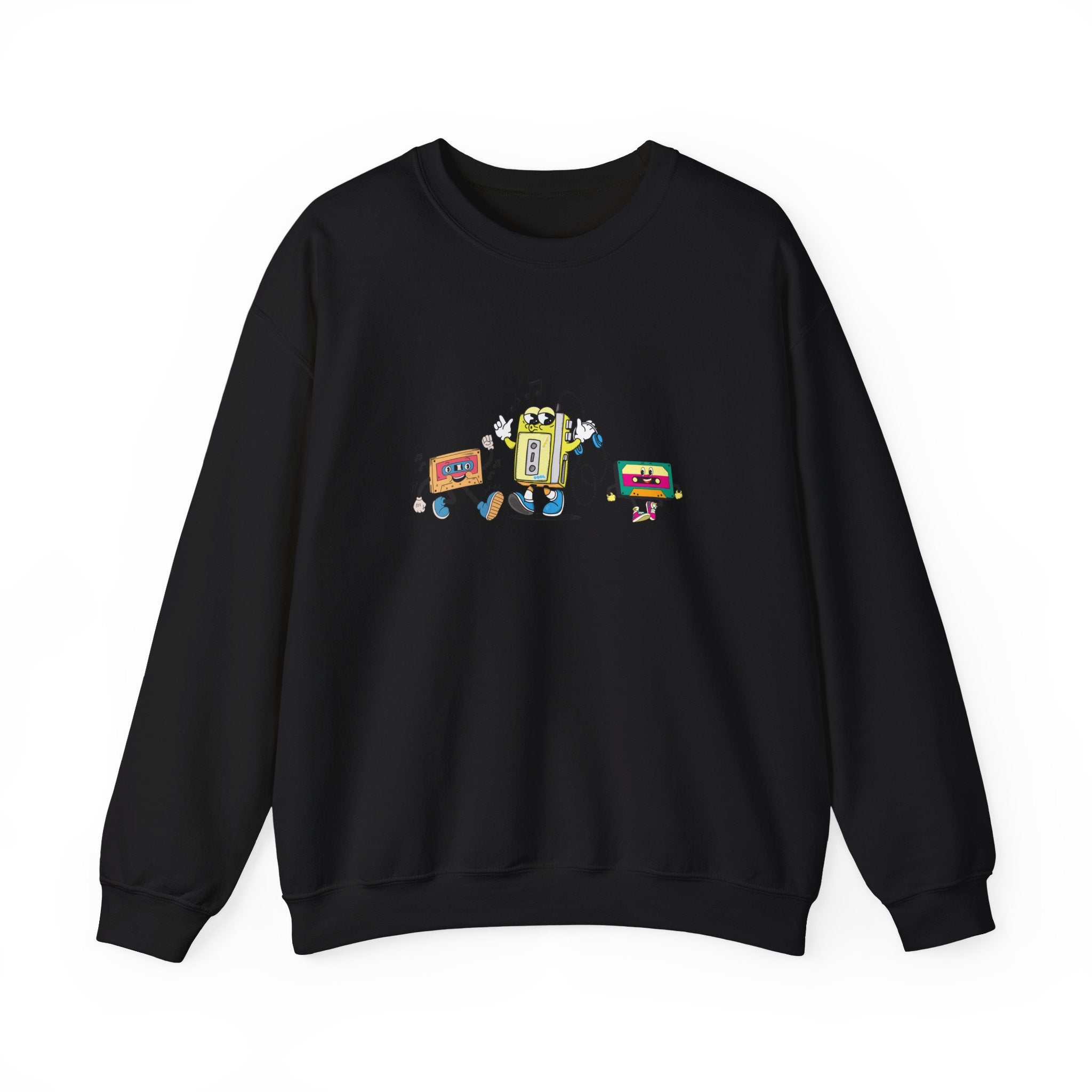 Black sweatshirt with colorful graphic design on a white background