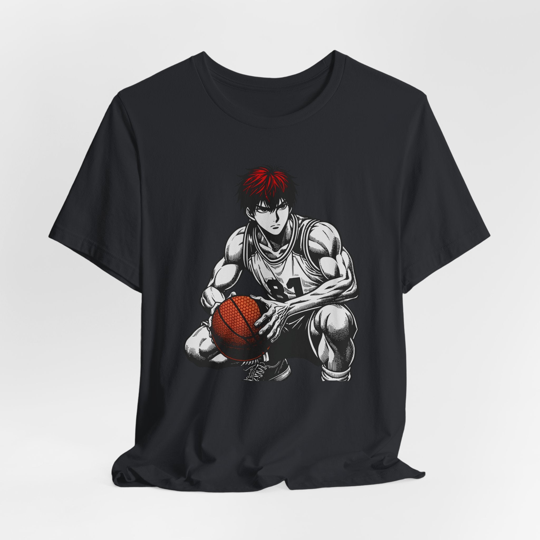 Black t-shirt with a graphic of a basketball player on a white background