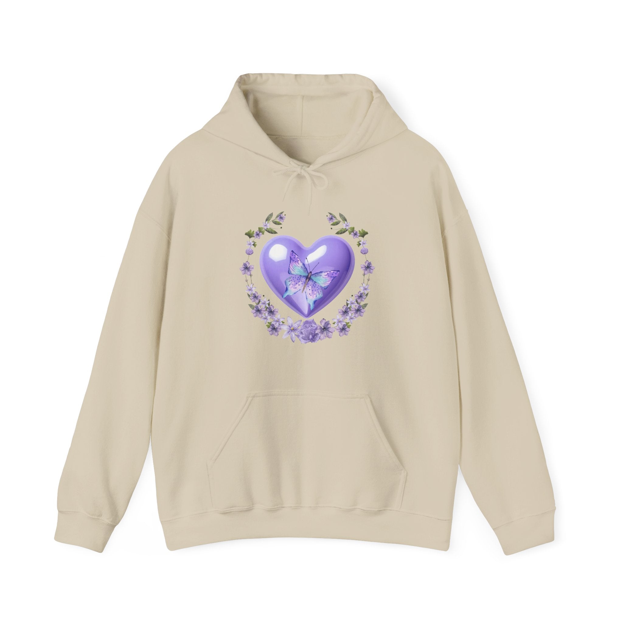Beige hoodie with a purple heart and floral design on a white background