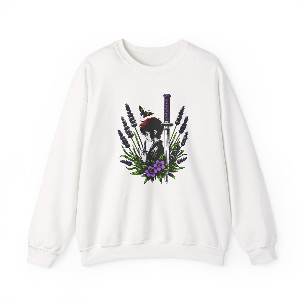 White sweatshirt with a manga, butterfly, and sword design on a white background