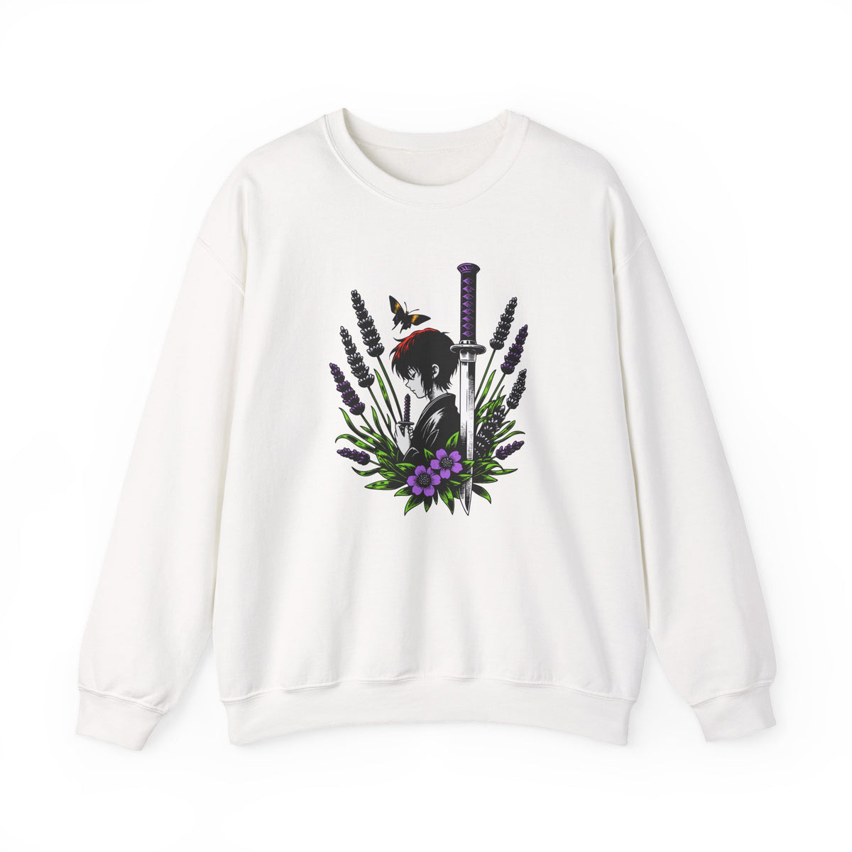 White sweatshirt with a manga, butterfly, and sword design on a white background