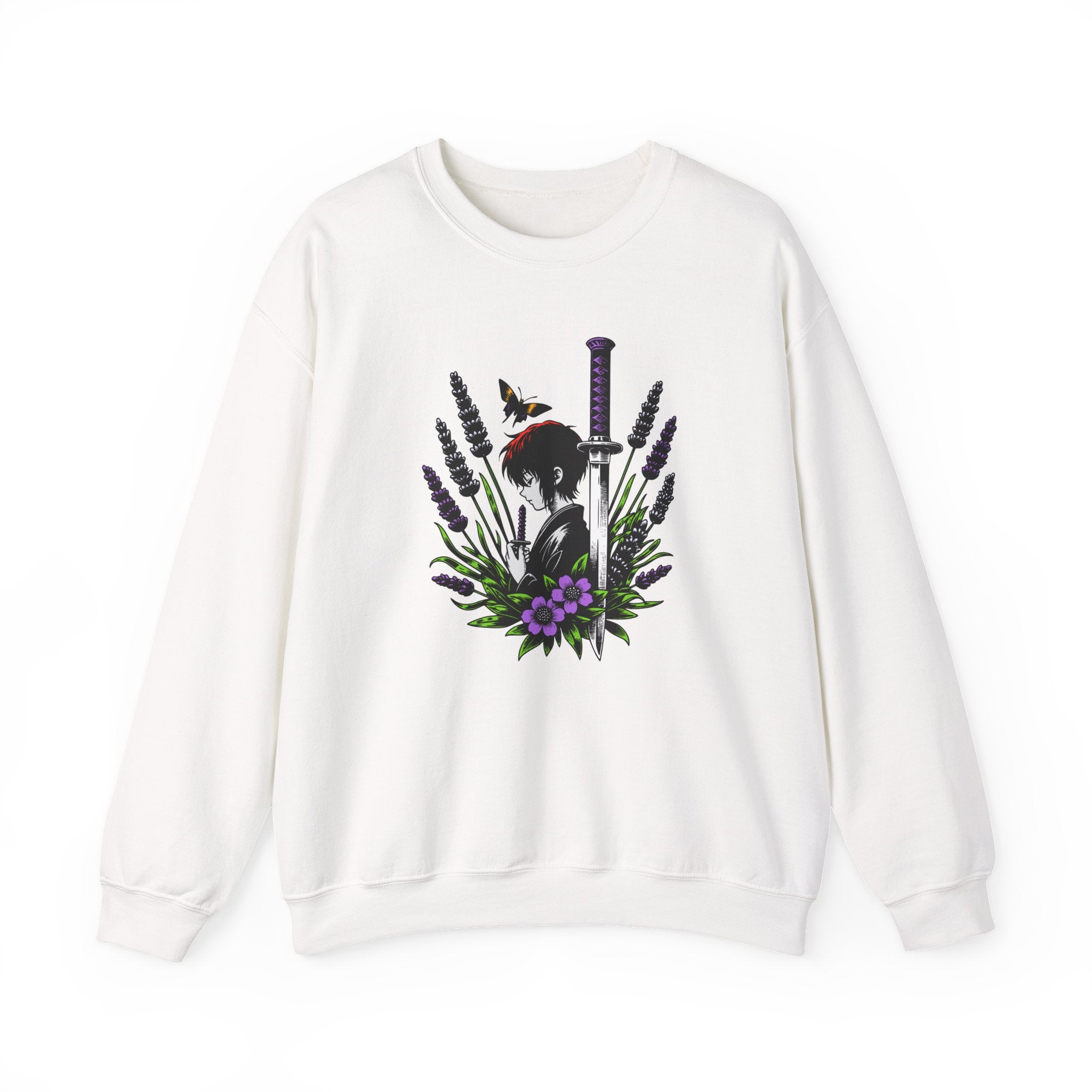 White sweatshirt with a manga, butterfly, and sword design on a white background