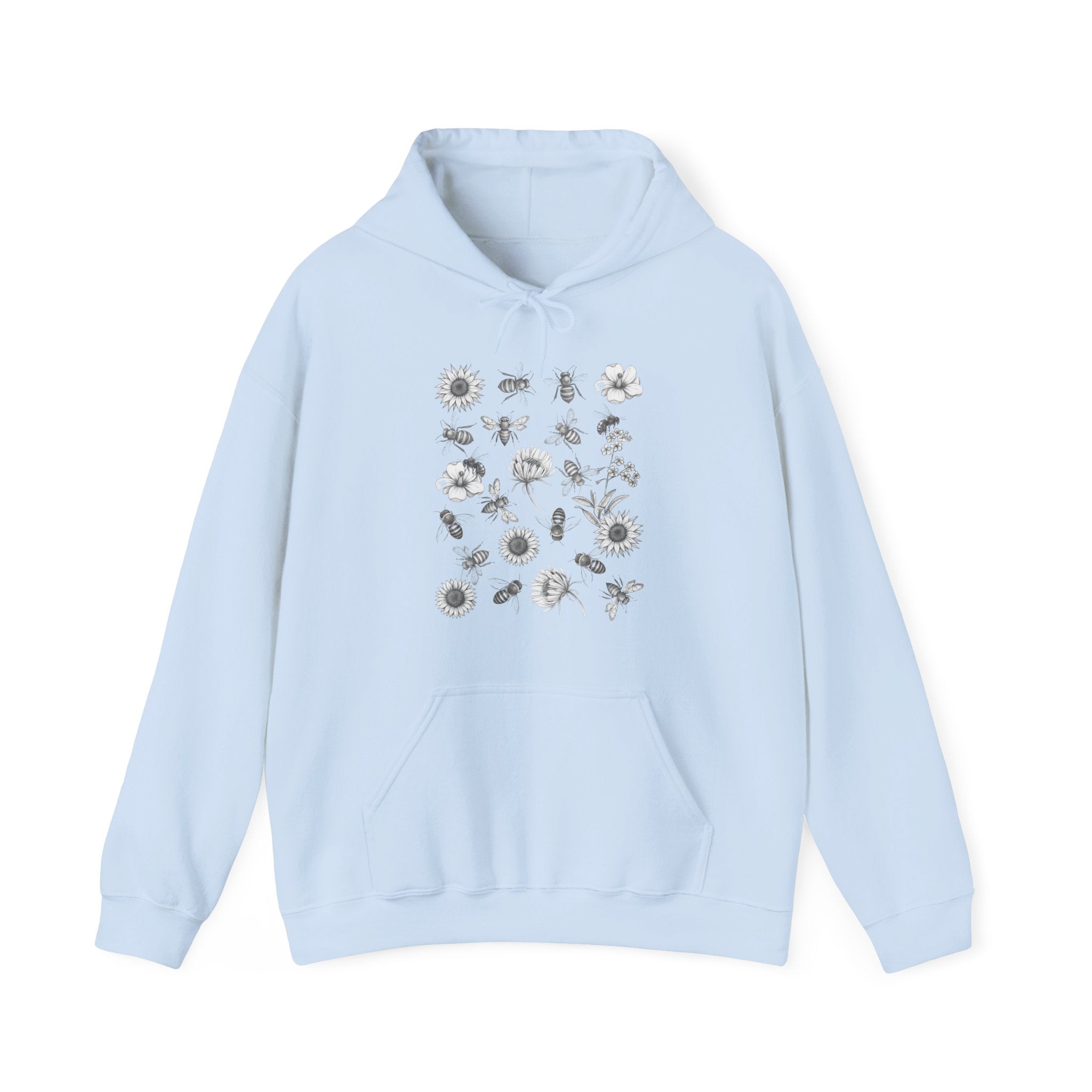 Light blue hoodie with floral and bee pattern on a white background