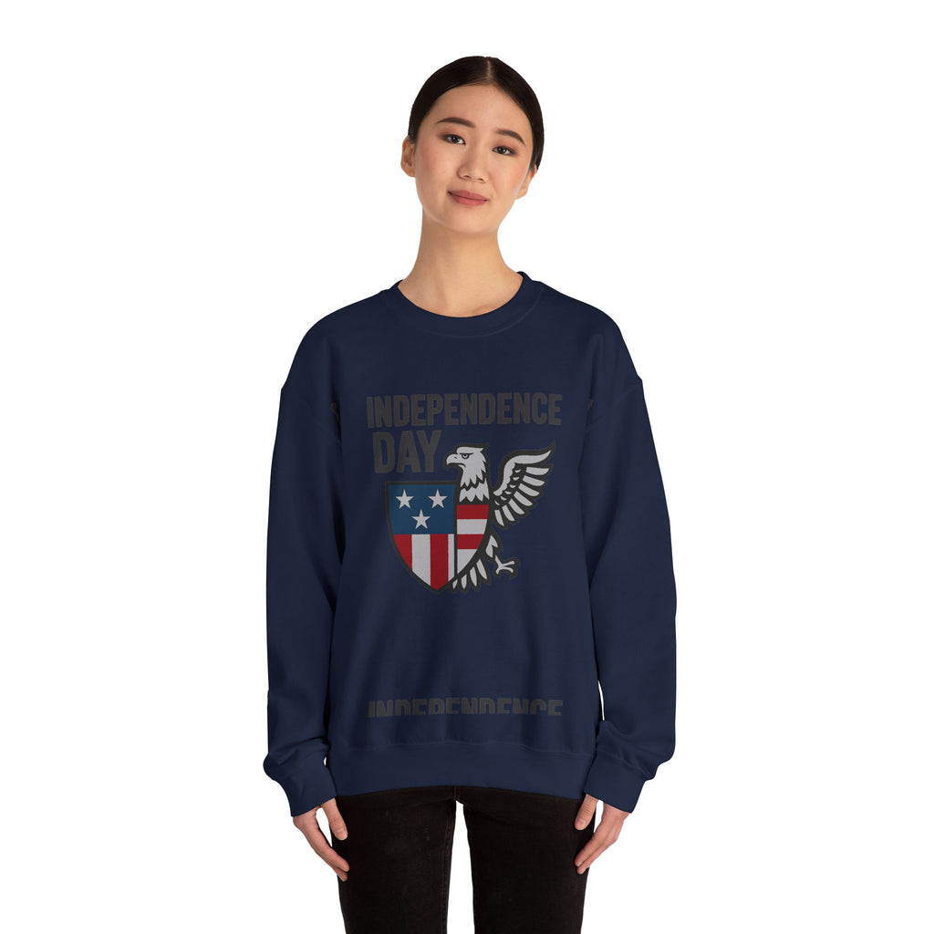 Navy blue sweatshirt with 'Independence Day' design featuring an eagle and shield on a white background
