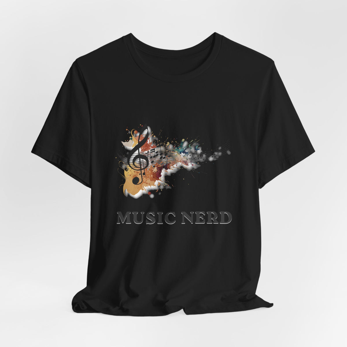 Black t-shirt with a music-themed design and 'MUSIC NERD' text on a white background