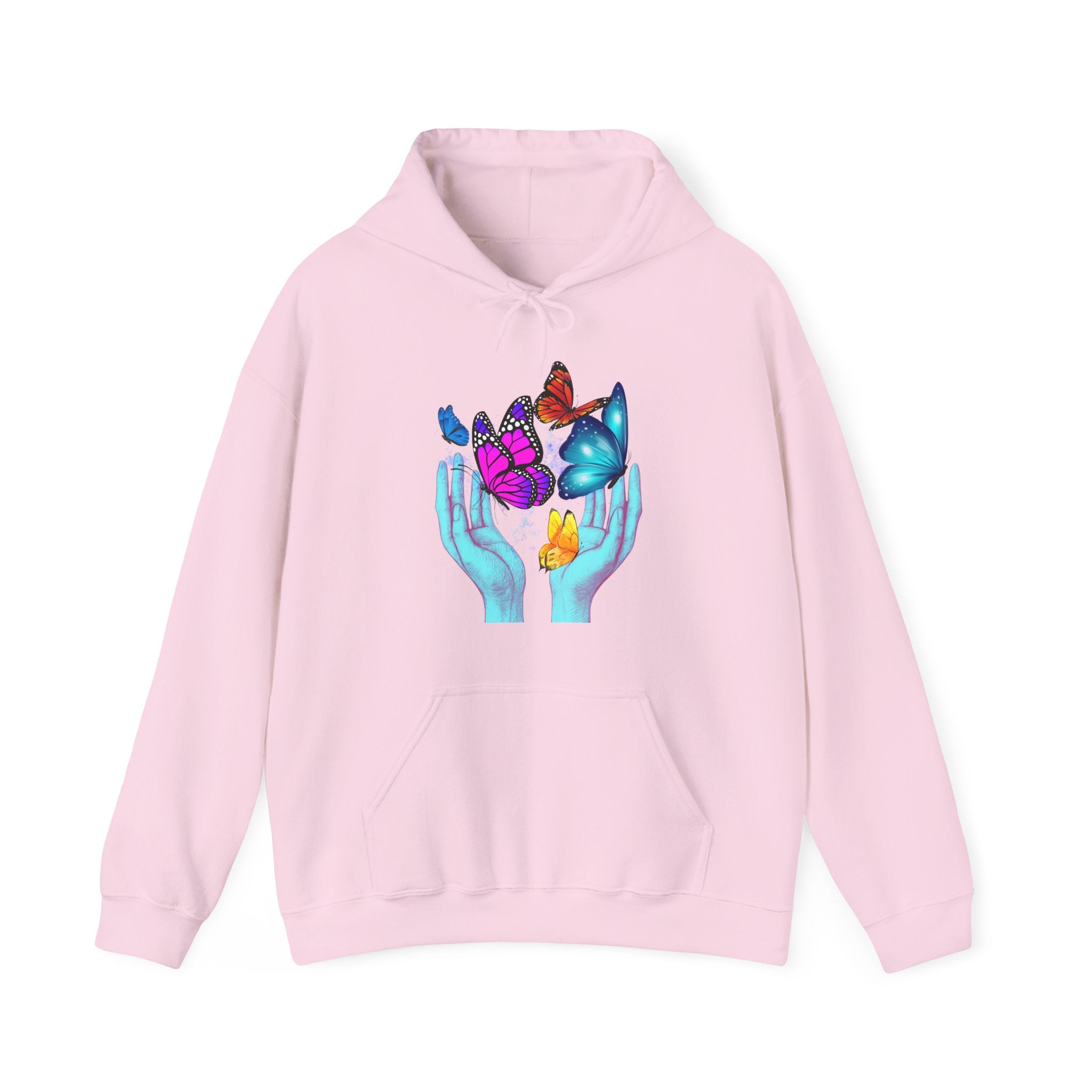 Pink hoodie with a graphic of hands holding flowers and butterflies on a white background