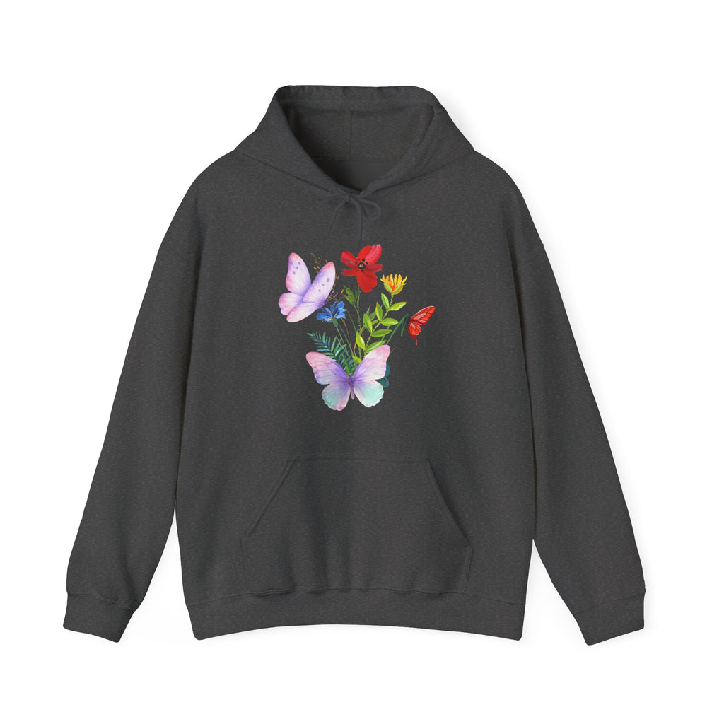 Dark gray hoodie with colorful butterfly and flower design on a white background