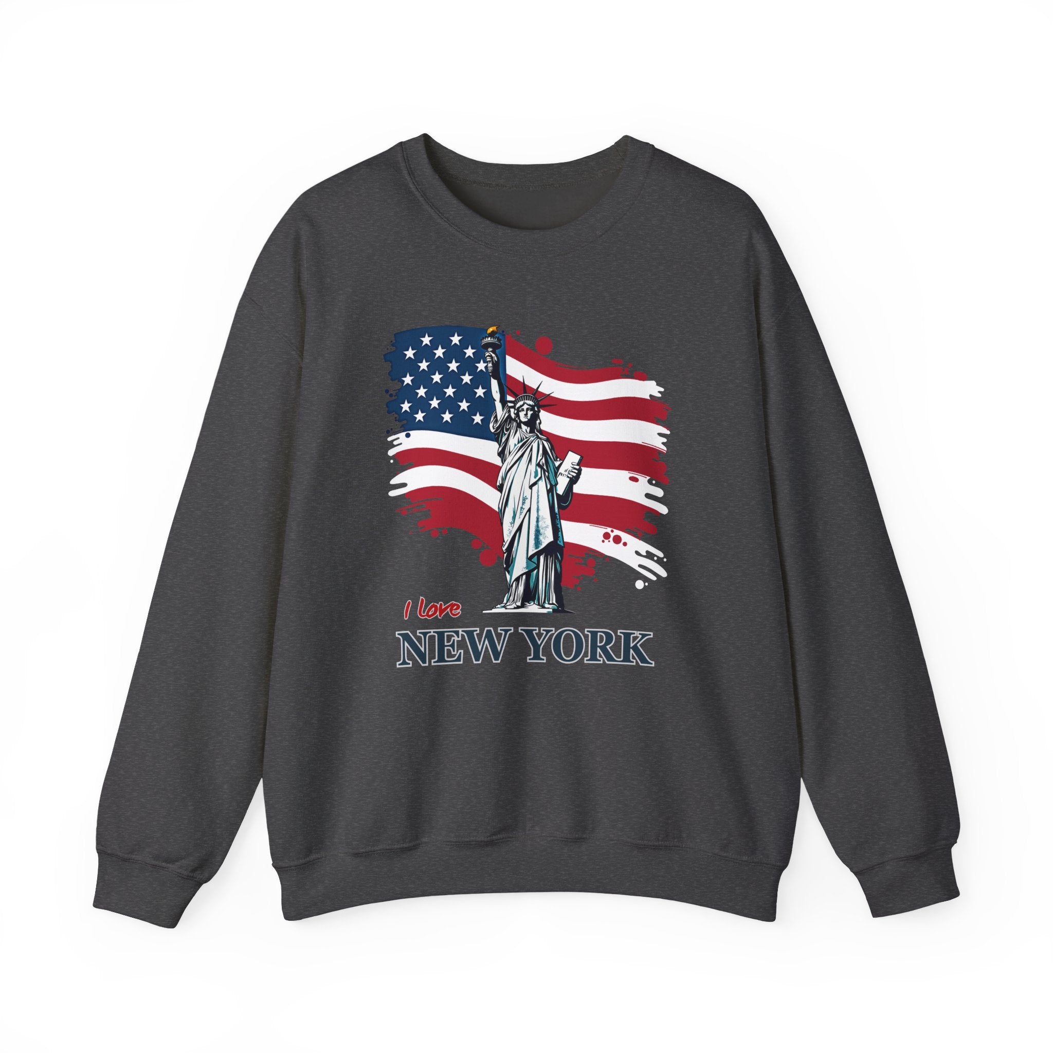 Dark gray sweatshirt with Statue of Liberty and American flag design on a white background