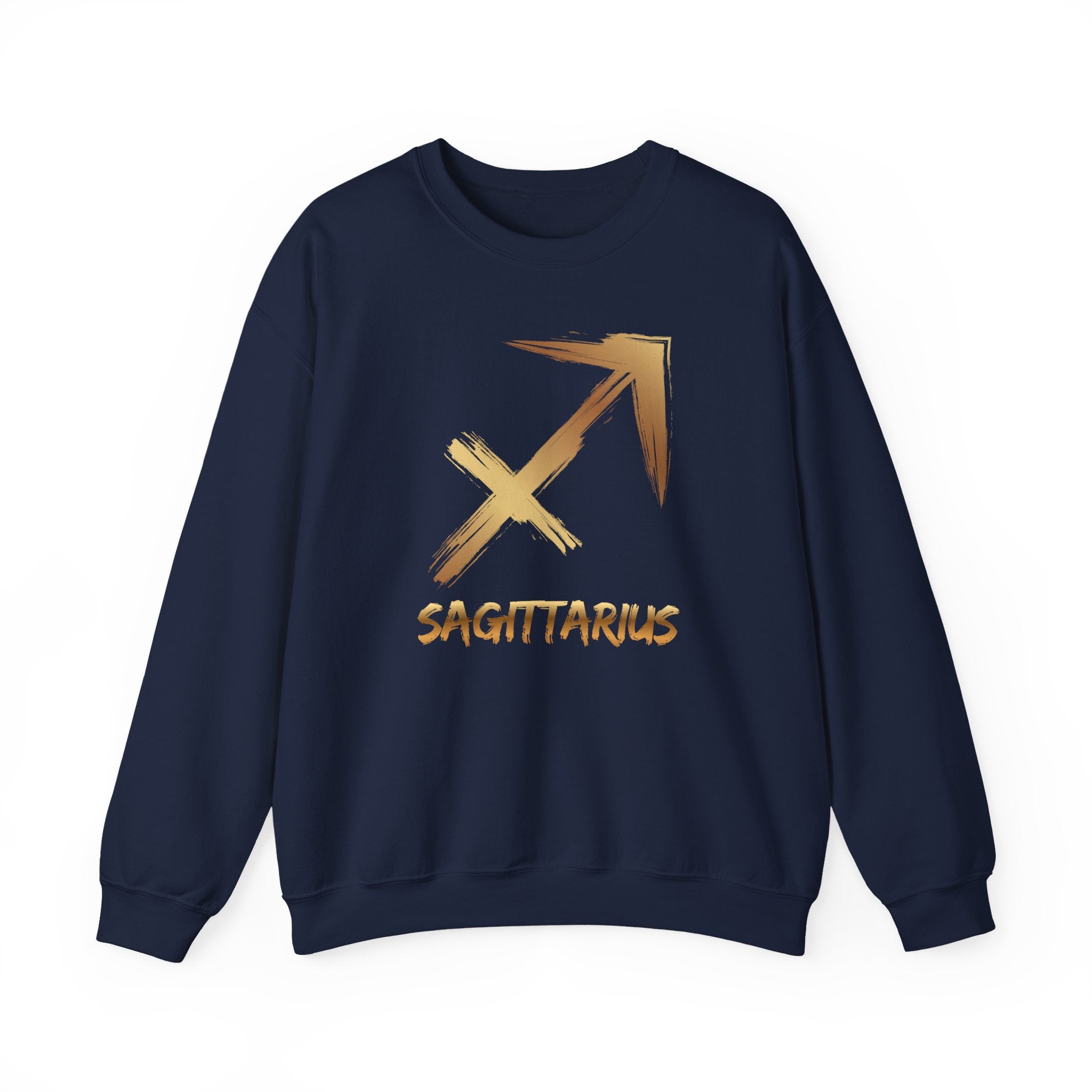 Navy blue sweatshirt with gold Sagittarius symbol and text on a white background