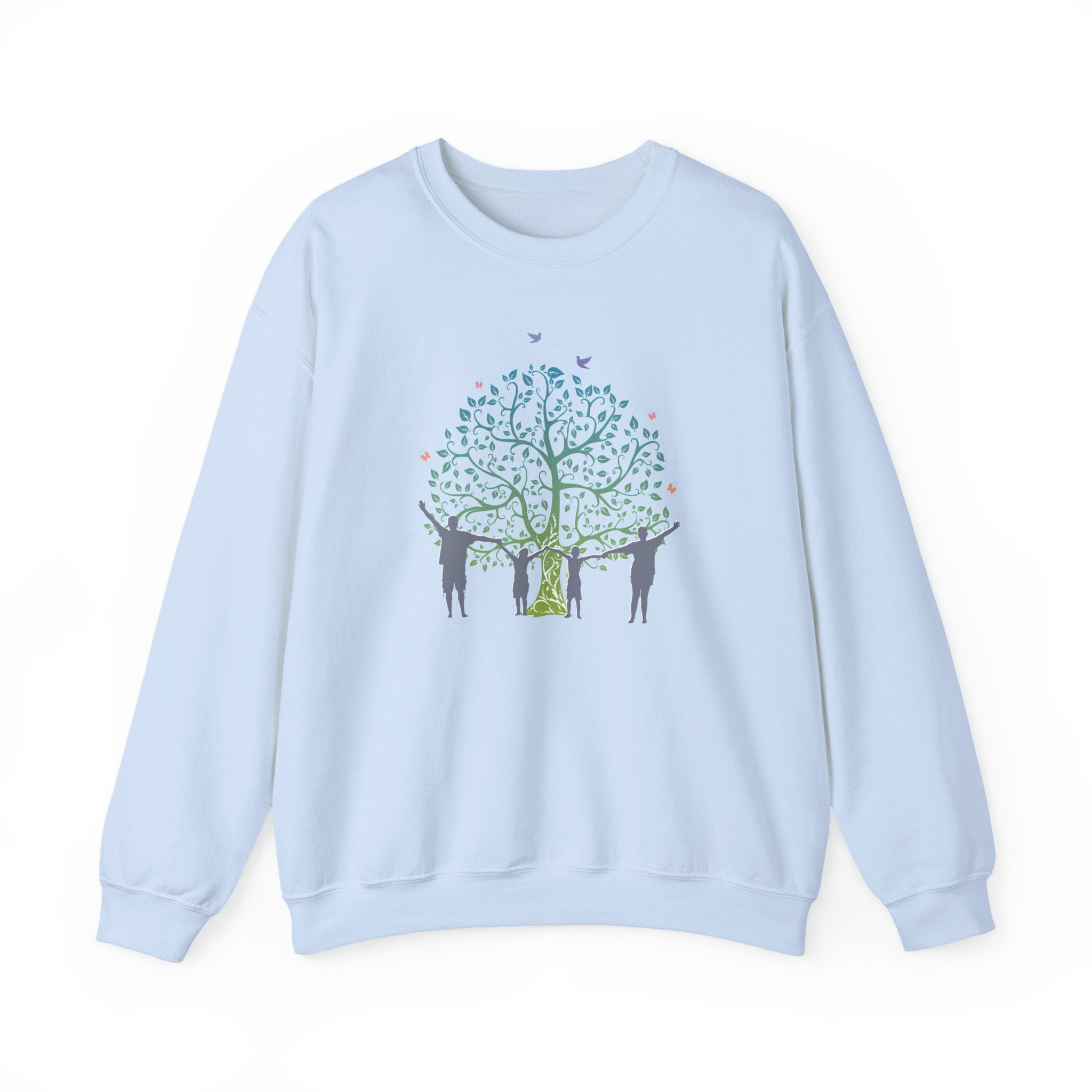 Light blue sweatshirt with a tree and people design on a white background