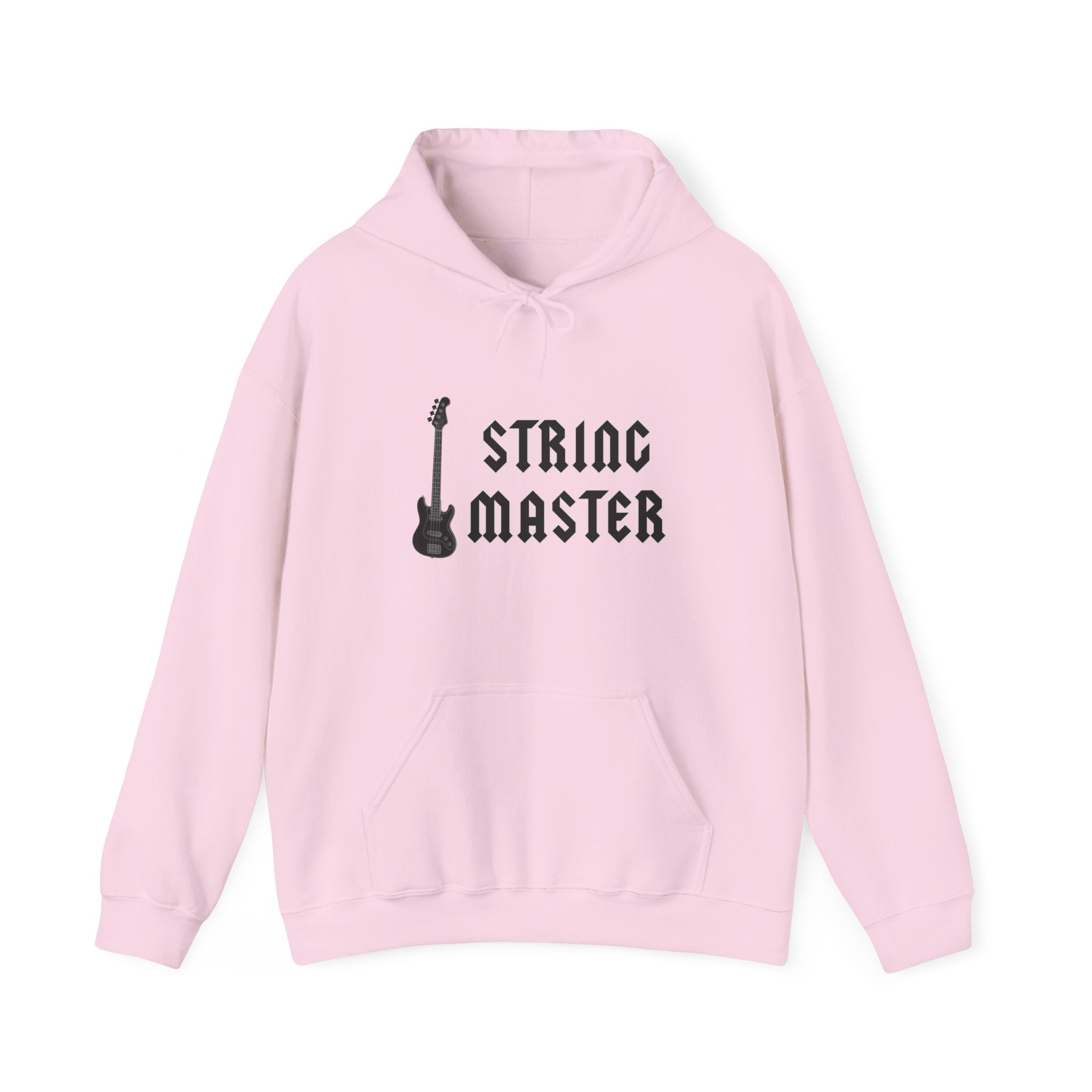 Pink hoodie with 'STRING MASTER' text and guitar graphic on a white background